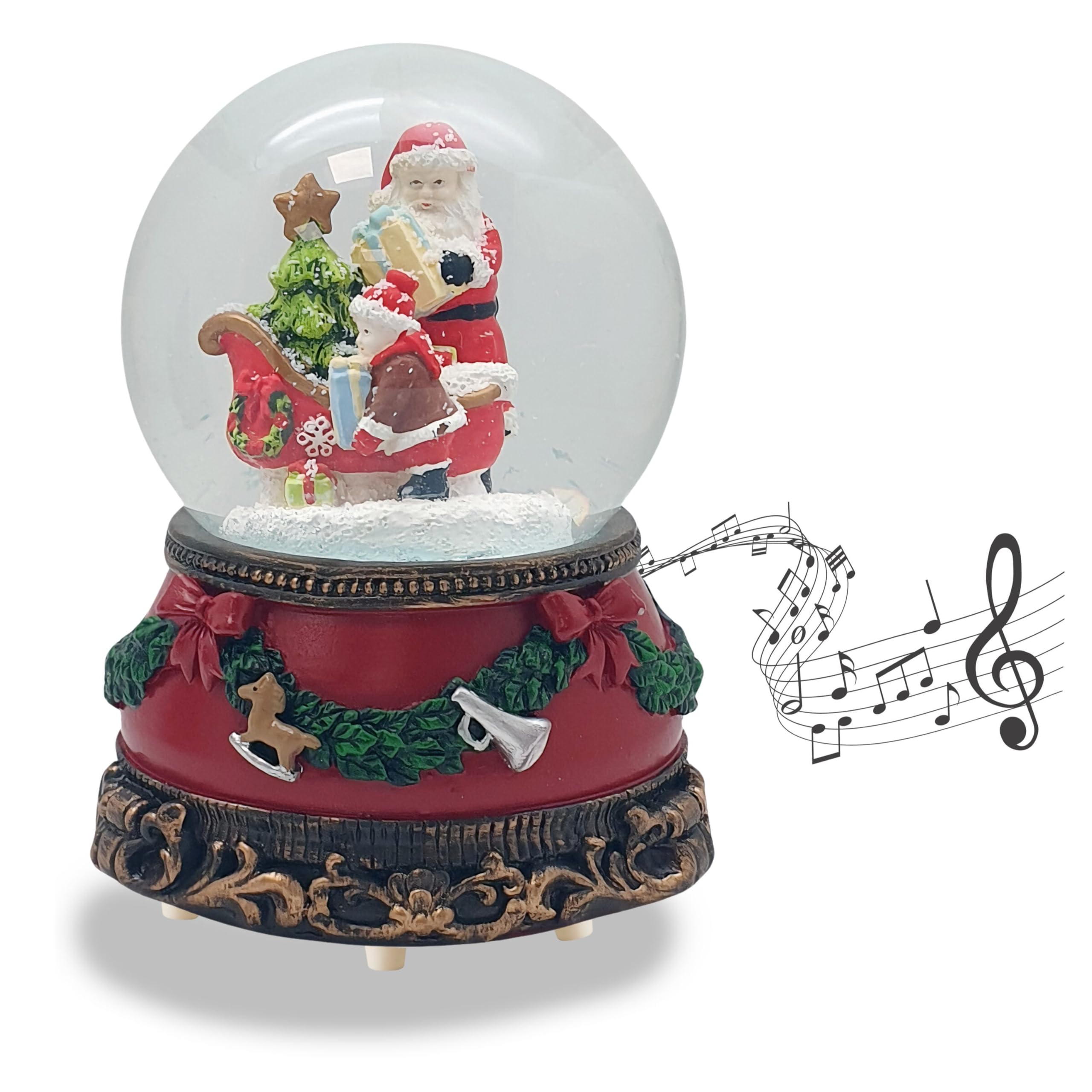 Schneekugel Weihnachten Spieluhr | Christmas Shopping | Weihnachtsmann mit Schlitten und Engel | Sockel Weihnachten rot Tannengirlande | mit Musik | Weihnachtsdekoration | B: 10 cm H: 14 cm | 20278