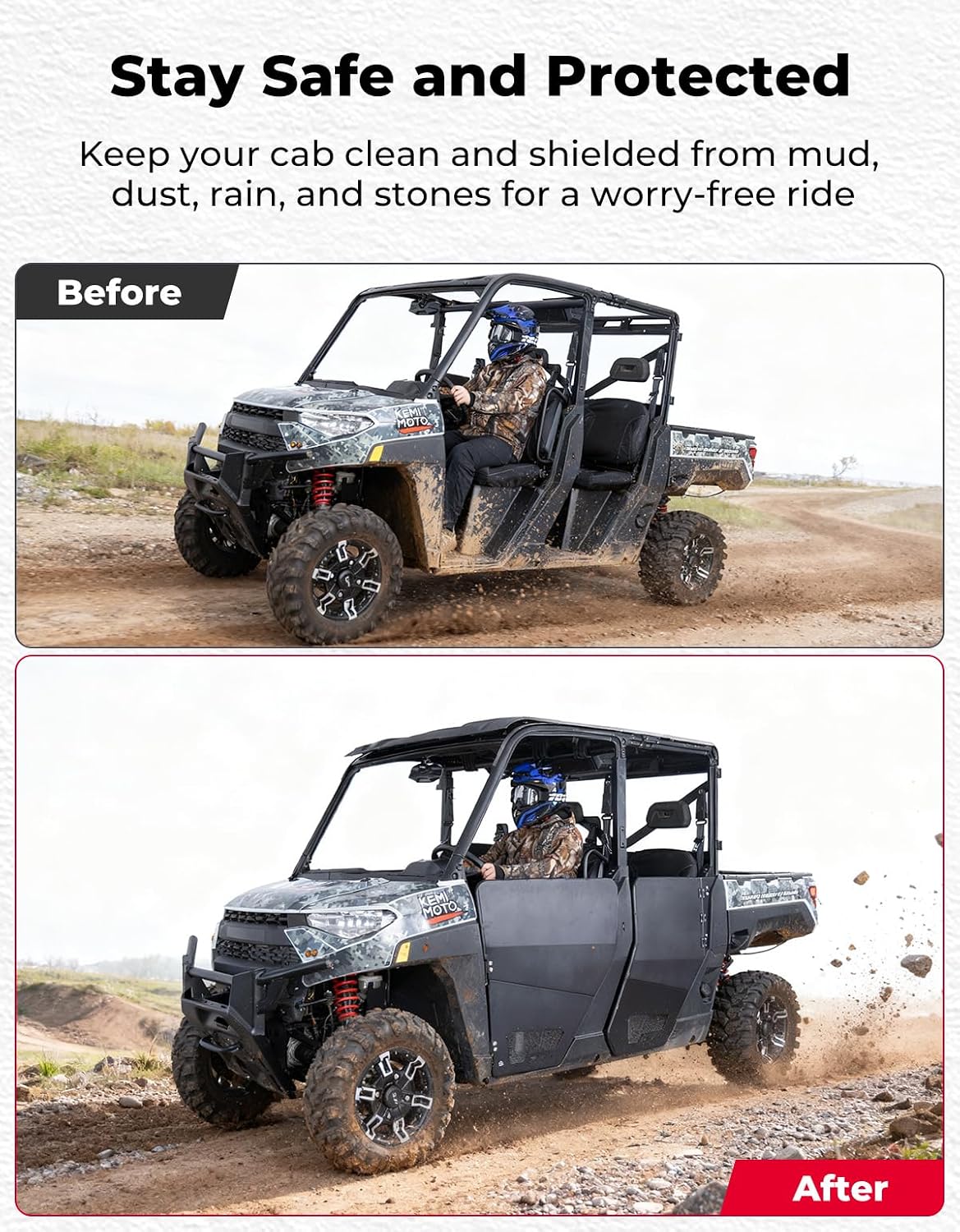 KEMIMOTO Aluminum Half Doors on a Polaris Ranger Crew XP 1000 in motion, side view.