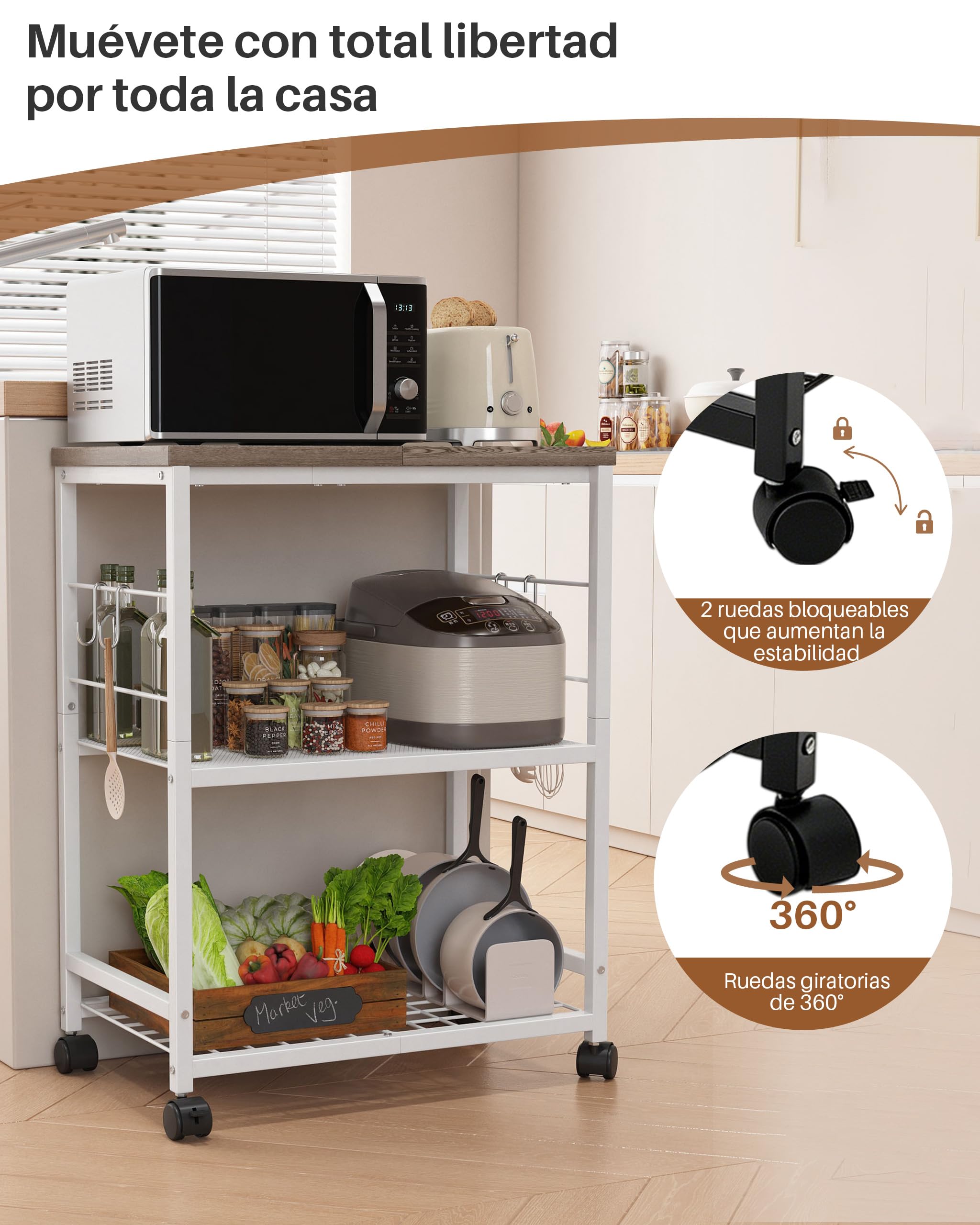 Estante de Cocina para Microondas con Ruedas, Carrito de Cocina | 3 Niveles, Metálico, Carrito de Almacenamiento, Ideal para Organizar el Salón o la Oficina