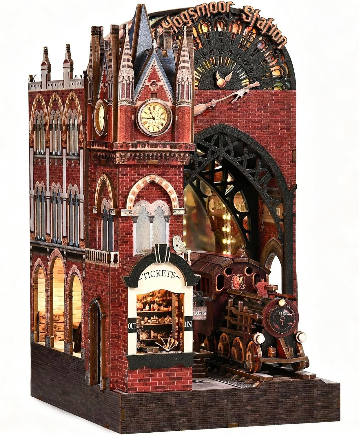 Hogsmoor Station DIY Book Nook Kit – 3D Wooden Miniature with Touch LED Light & Layered Depth & Deep View Design, Movable Train, Vintage British Railway Scene for Book Lovers & Collectors