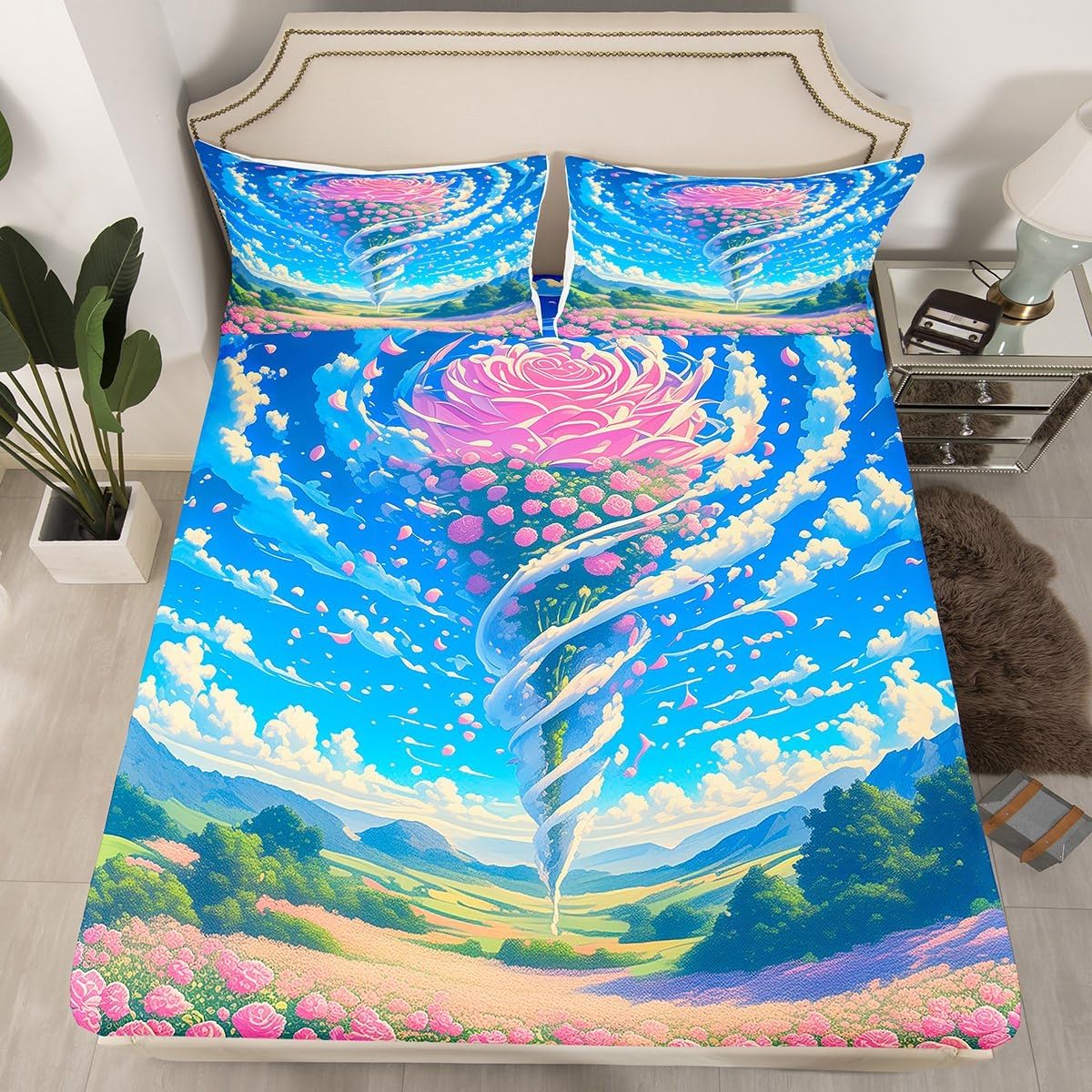 Erosebridal Glitter Tornados Bed Sheets Full,Lightning Tornado Fitted Sheet for Son Boys Kids,Extreme Weather Bedroom Decor for Storm Chaser,3Pcs(1 Fitted Sheet,2 Pillowcases)