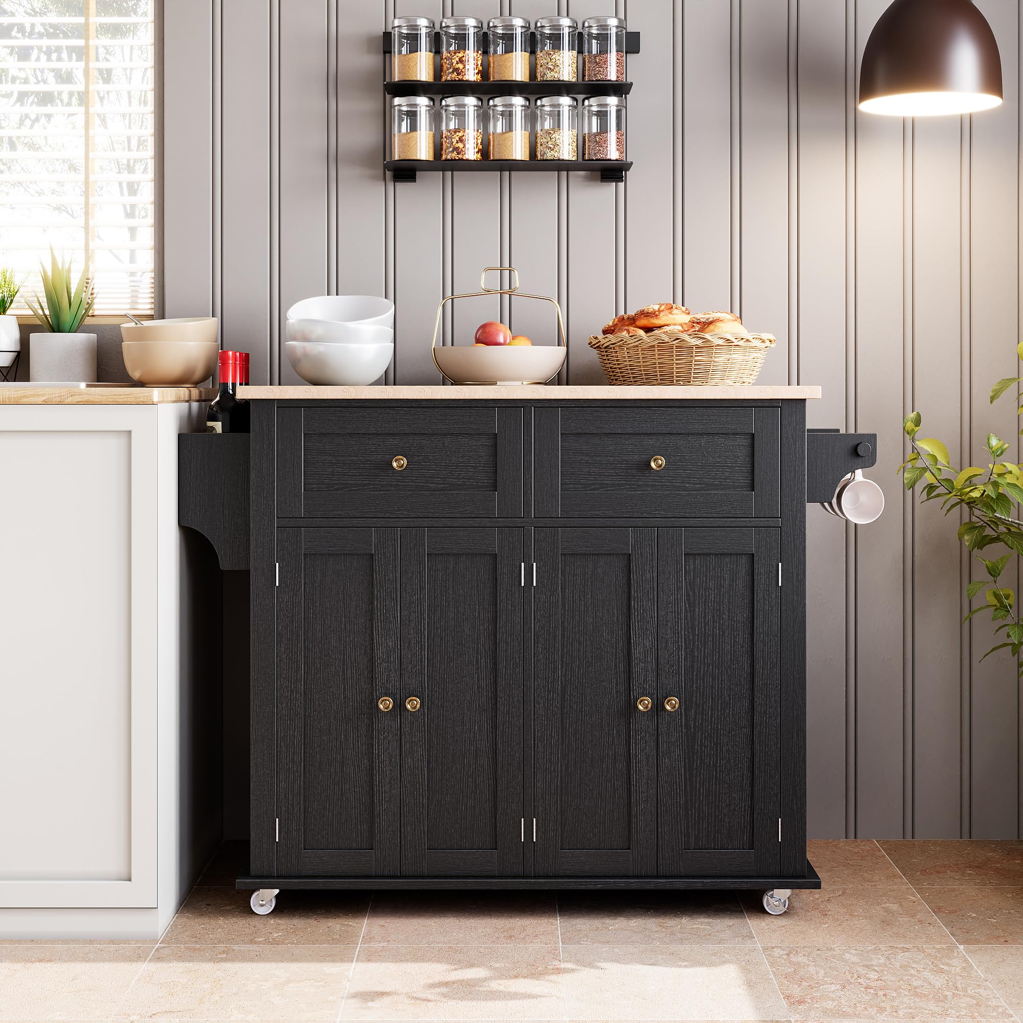 Kitchen Island Cart with Solid Wood Top, Portable Rolling Islands Table on Wheels with Drawer and Storage Cabinet, Spice Rack, Towel Rack, Black