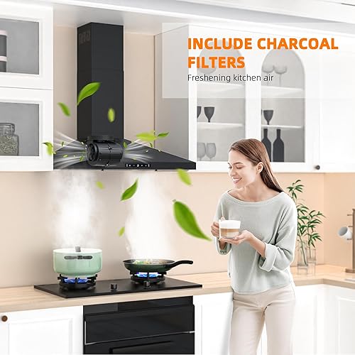 Miniatura 8 de FIREGAS Campana extractora negra de 30 pulgadas, 450 CFM de montaje en pared con convertible, sin conductos, control de detección de gestos y