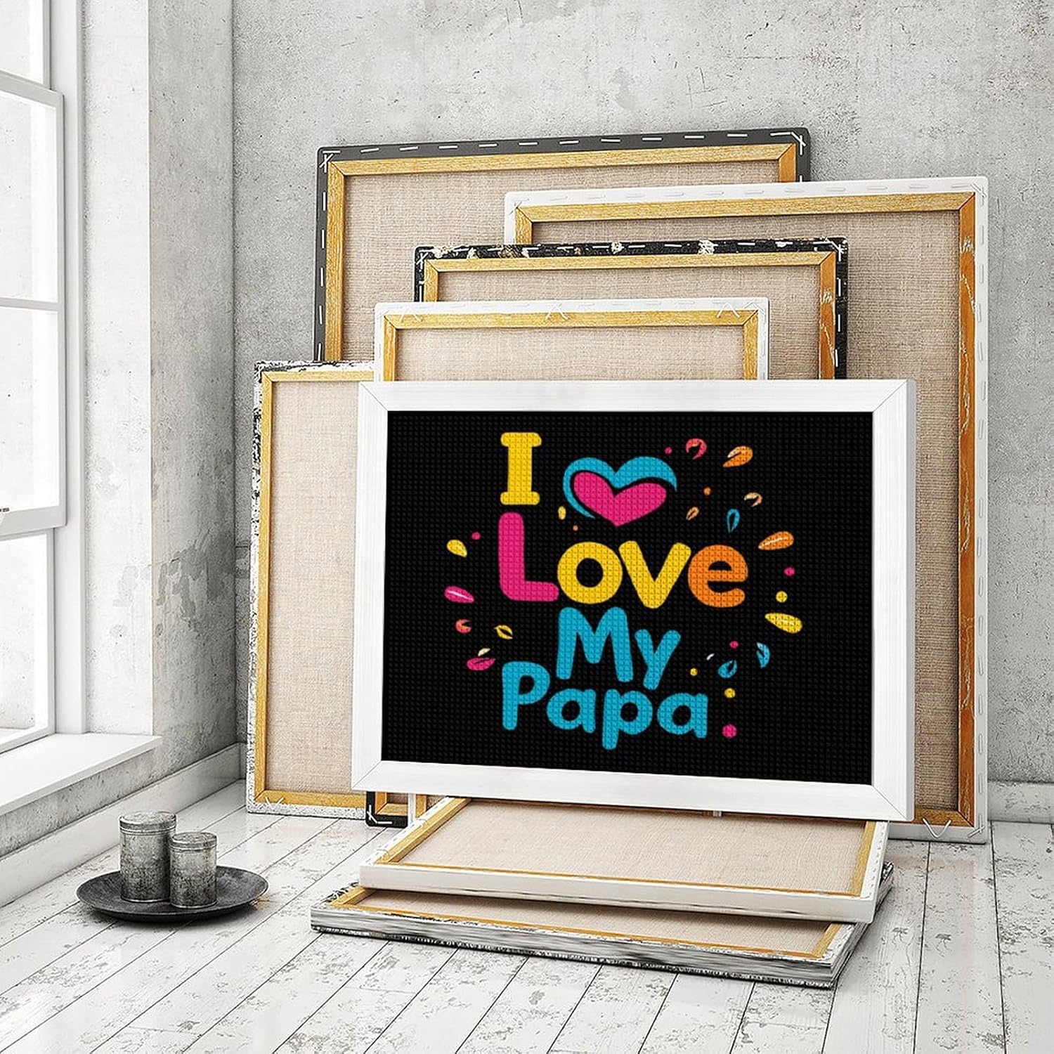 I Love My Papa Printed Diamond 5D Painting Kits DIY Full Drill Crafts for Home Wall Decor 16x20 Inch White Wood 50 * 40cm