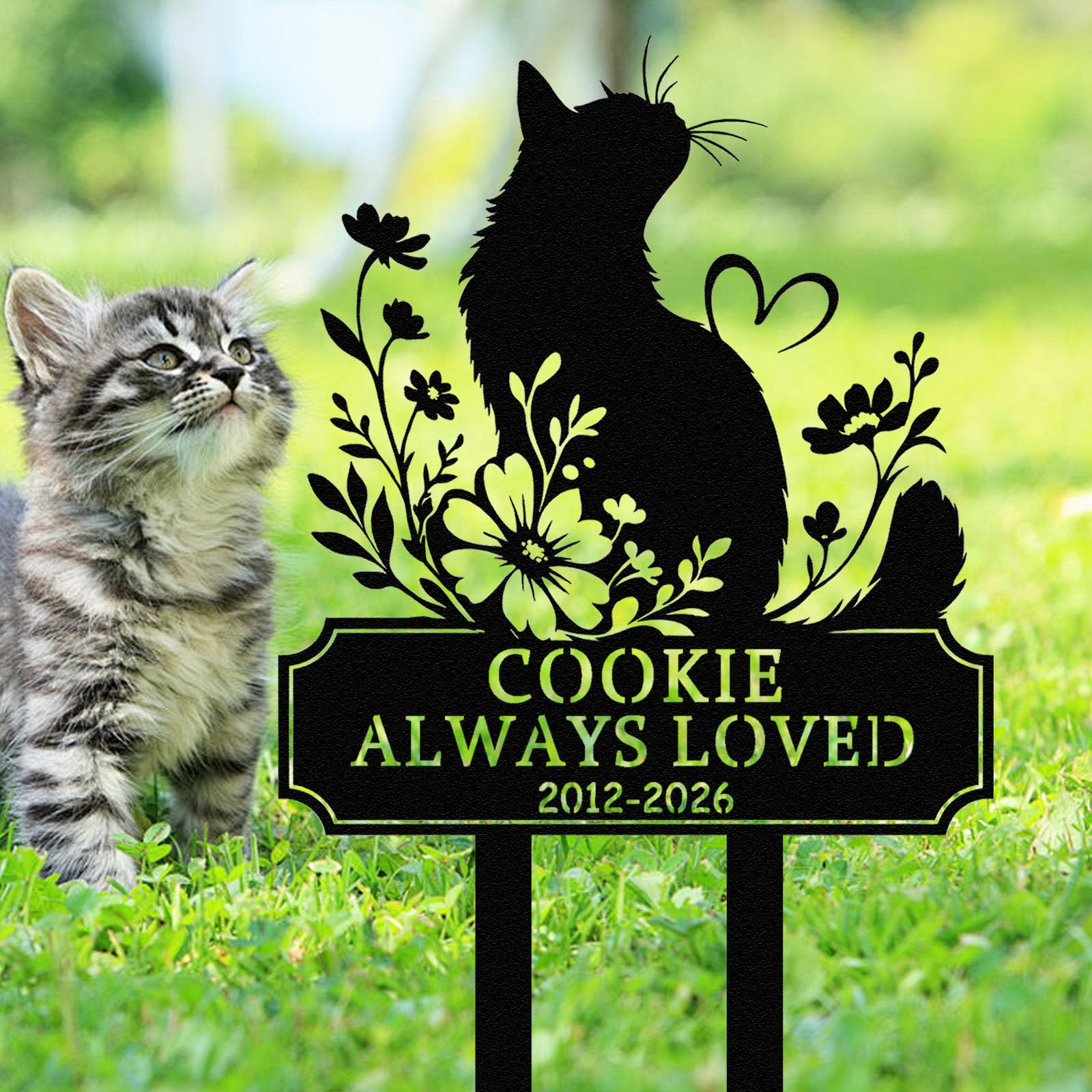 Personalized Cat Memorial Garden Stake, Metal Grave Marker with Stake, Custom Pet Name Floral Yard Sign, Outdoor Yard Lawn Cemetery Decor, Sympathy Gift for Loss of Pet (Cat A)