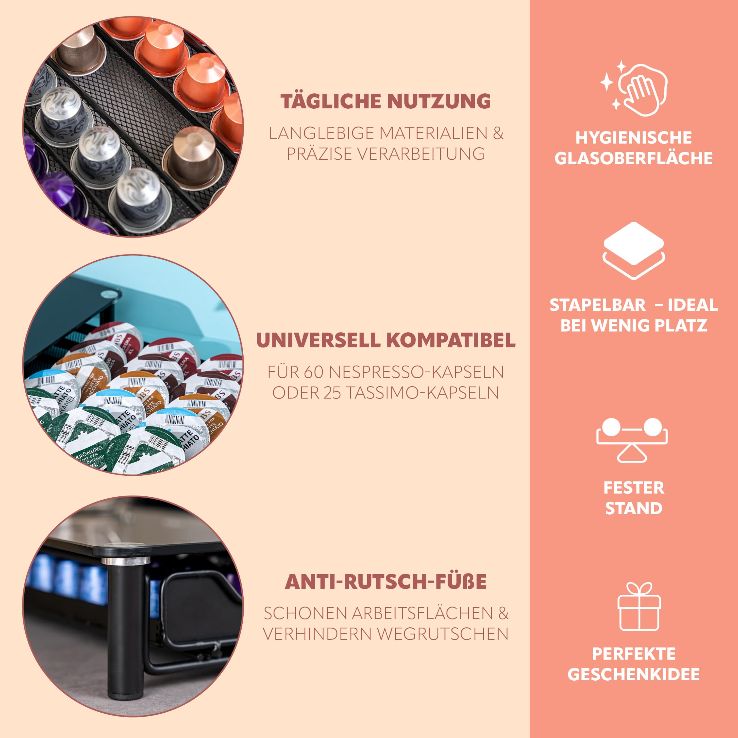 bremermann Kaffeekapsel-Box für 60x Nespresso, Schubladenbox, Metall und Glasplatte, Kapselhalter, Kapselspender ca. 31 x 7 x 40,5 cm (Schwarz)