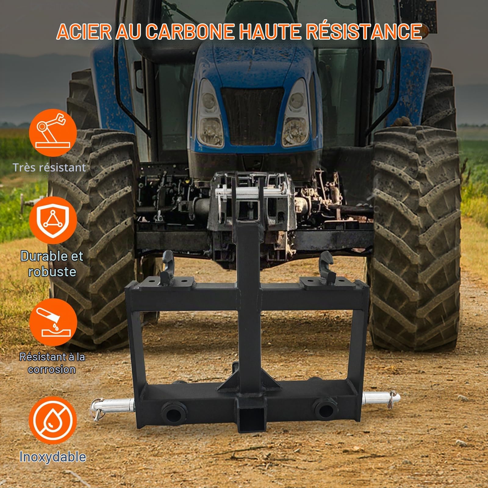 Garvee Attelage remorque 3 Points Robuste pour Tracteur – récepteur 2" en Acier Carbone – 2 Trous pour Pique à Foin – 2 Crochets – Cat 0 & 1 – Accessoire agricole – Noir