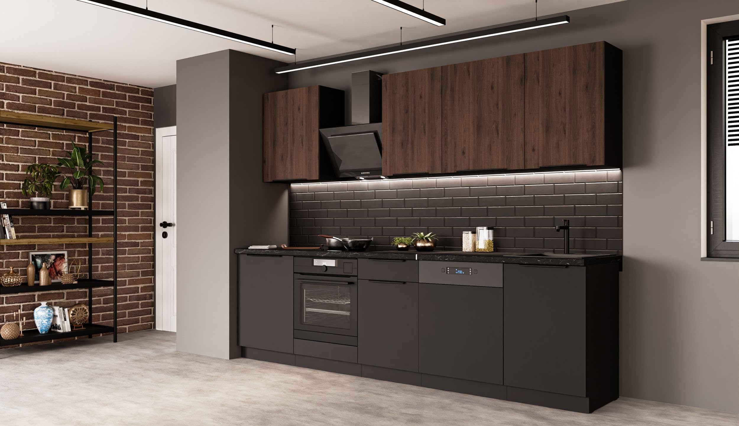 Kuechen-preisbombe Küche Siena + Monza Basic 280 cm Küchenzeile Küchenblock Einbauküche Nussbaum Okapi + Schwarz matt