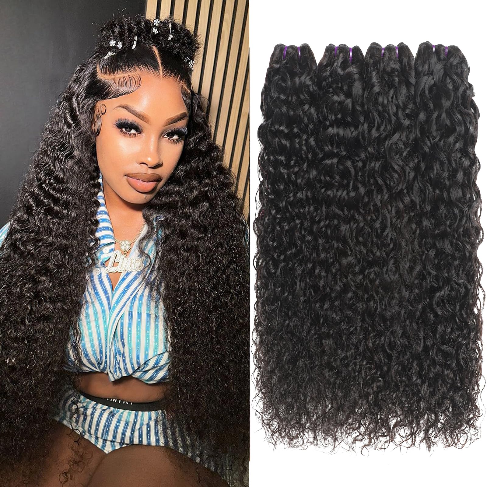 Beauty Queen 4 Bundles Water Wave Human Hair 16 18 20 22 Inch 16A Grade 100% Unprocessed Brazilian Quick Weave Hair Bundles Virgin Remy Weave Human