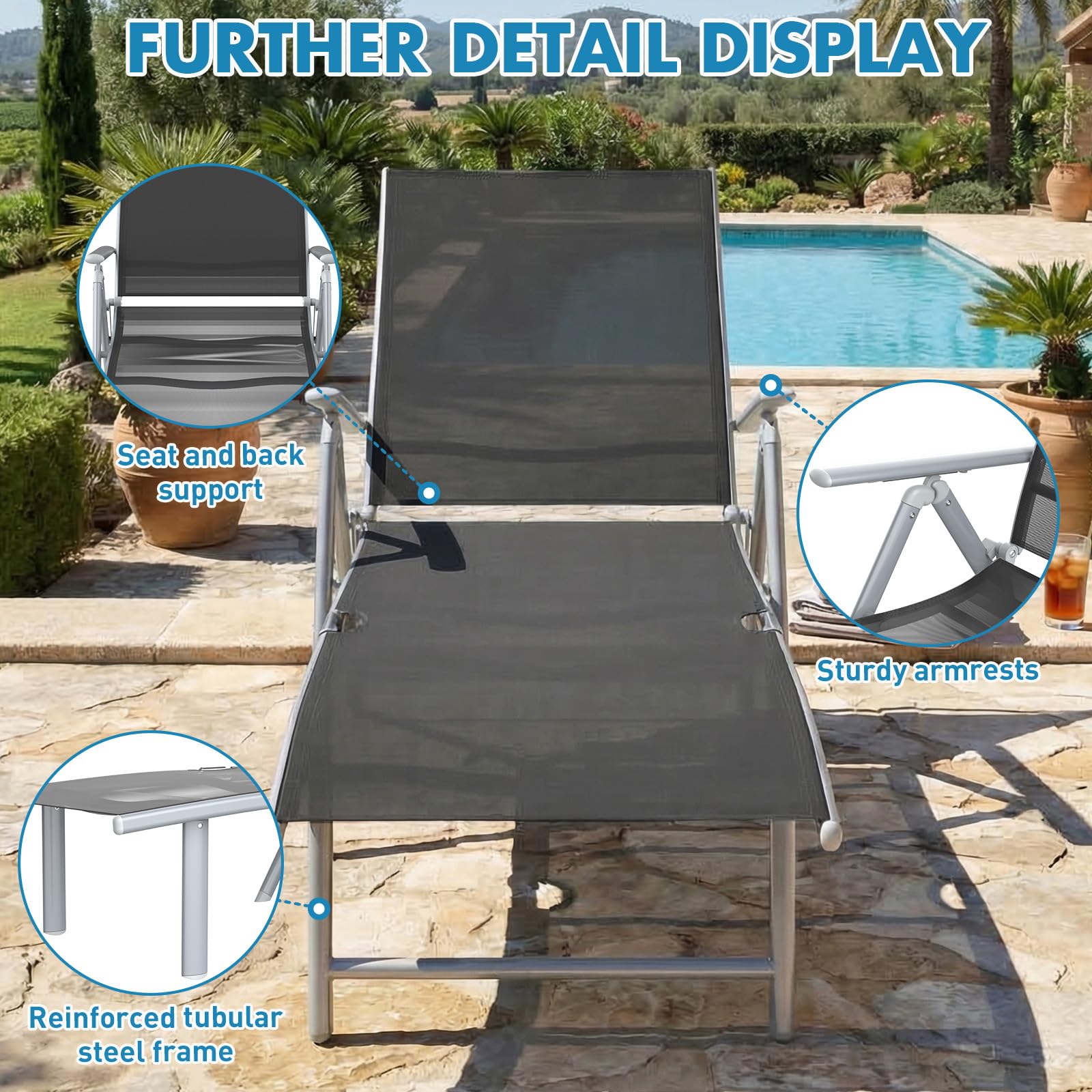 Verdego Sonnenliege Klappbar, Gartenliege Wetterfest, Liegestuhl mit Kopfkissen, 7 Fach Verstellbare Rückenlehne, Strandliege bis 150 kg Belastbar, Balkon Liege, 62x137x36-94.5CM, Schwarz