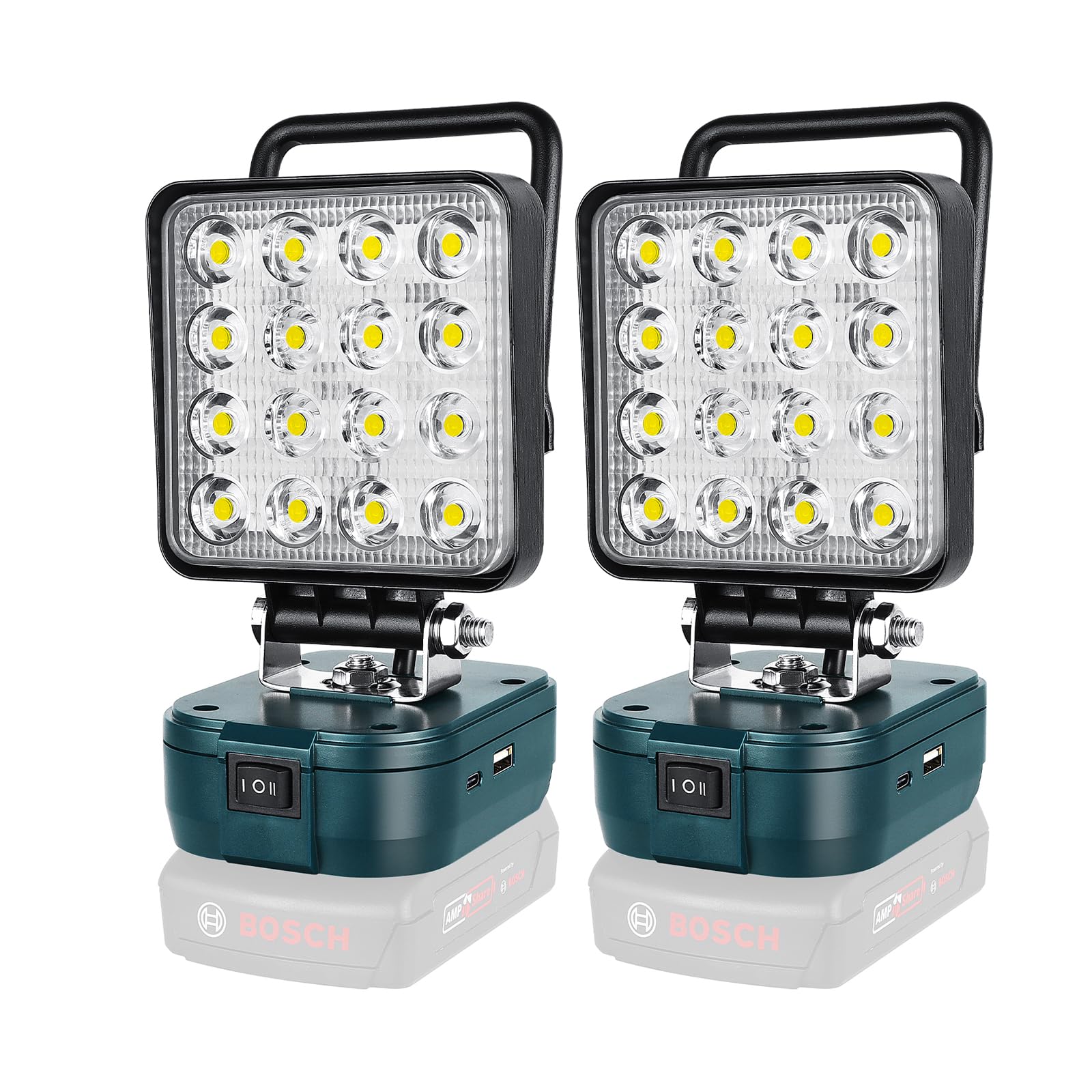AUXTINGS Reflektor roboczy LED 2 x 48 W do akumulatora Bosch 18 V, reflektor LED z akumulatorem, reflektor akumulatorowy z portem USB typu C, zabezpieczenie napięcia, do warsztatów samochodowych (bez