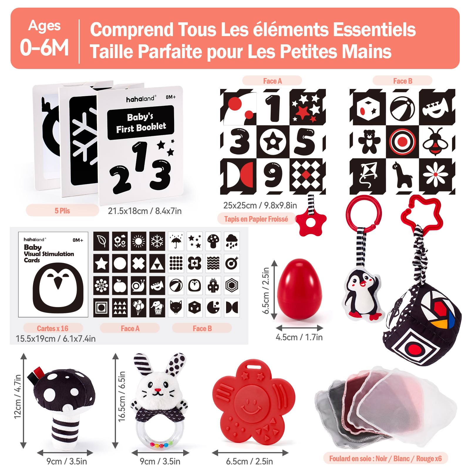 hahaland Jouet Bébé pour 0-3 Mois Carte Flash Blanc et Noir et Anneau Dentition Jouet Montessori pour Bébé Eveil 0-6 Mois Cadeau Naissance Garcon Fille