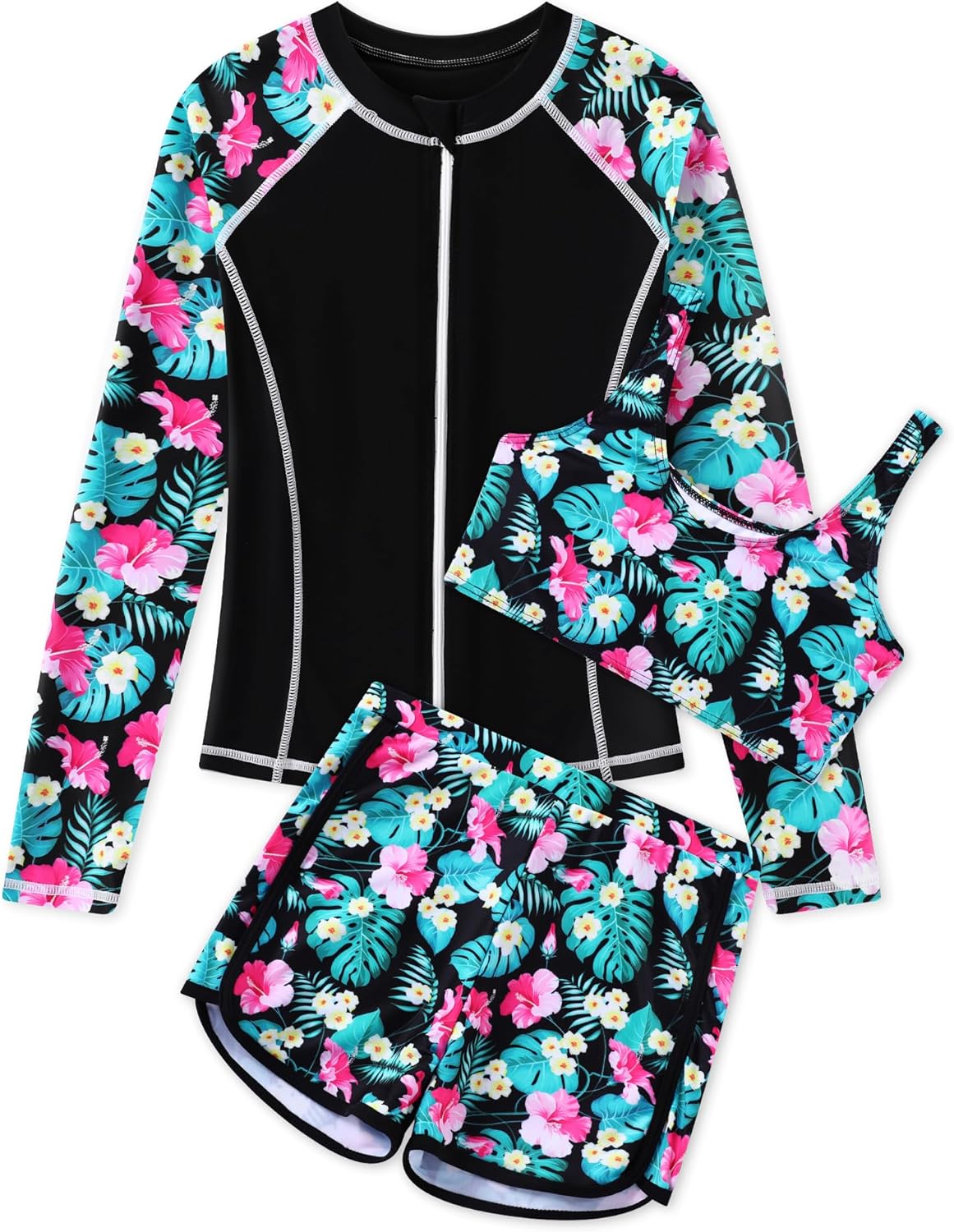 Girls 3 Piece Swimsuit Long Sleeve Rash Guard Zipper Bathing Suit UPF 50+ Summer Swimwear for Girl 5-14 Years