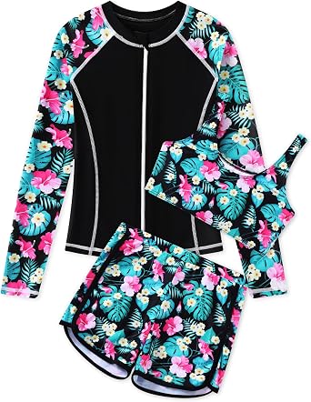 Girls 3 Piece Swimsuit Long Sleeve Rash Guard Zipper Bathing Suit UPF 50+ Summer Swimwear for Girl 5-14 Years