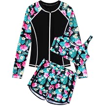 Girls 3 Piece Swimsuit Long Sleeve Rash Guard Zipper Bathing Suit UPF 50+ Summer Swimwear for Girl 5-14 Years