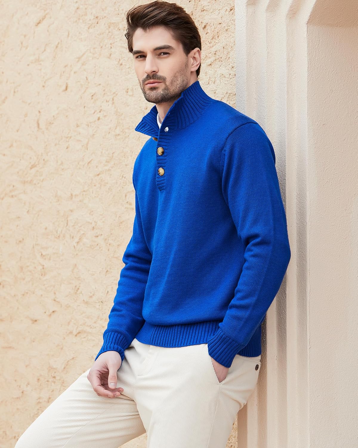 Kallspin Men's Pullover Sweater Wool Blend Midweight Mock Neck Quarter-Button Long Sleeve Pullover