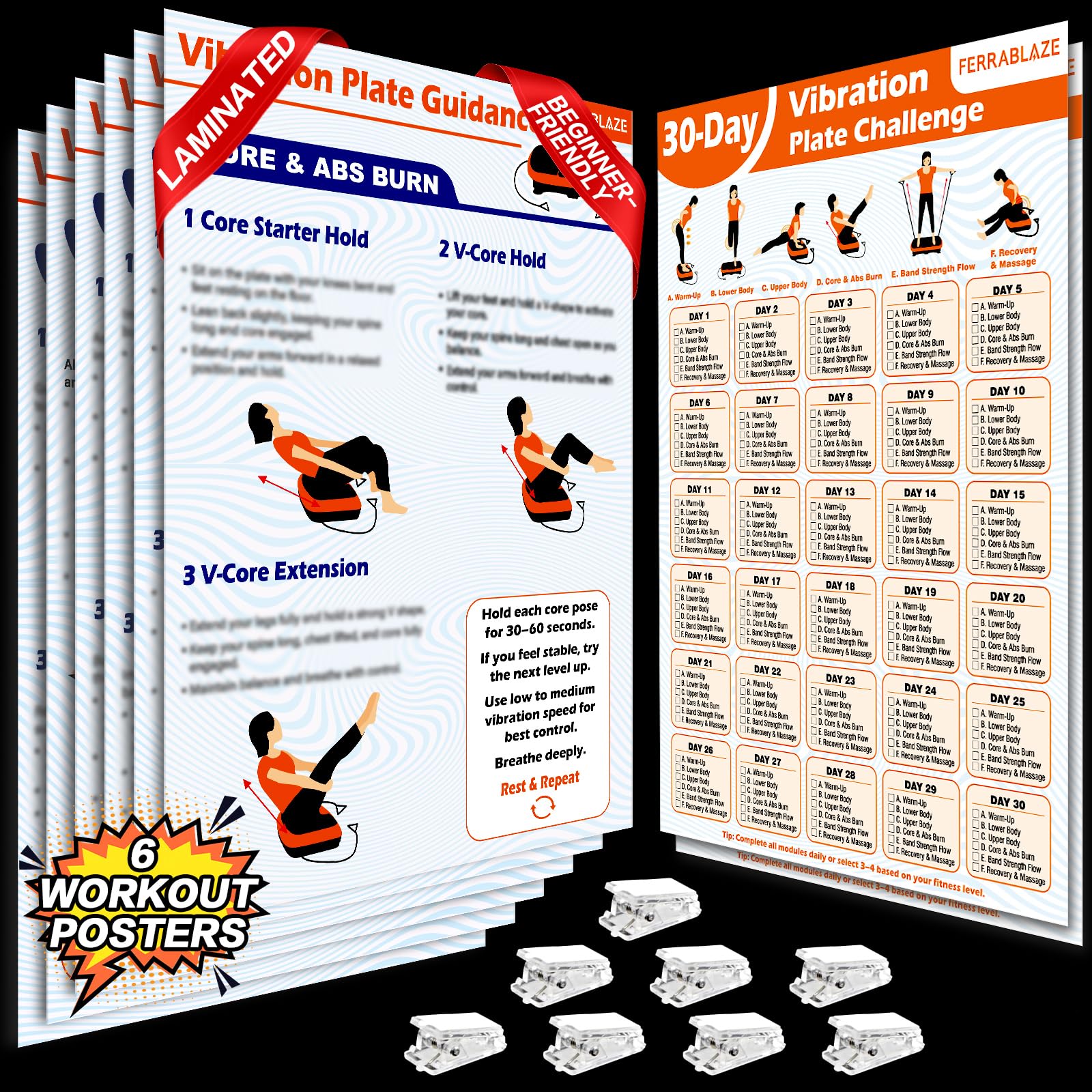 Vibration Plate Workout Poster Fitness Planner Full Body Beginner to Advanced Home Gym Exercise Charts 30-Day Challenge Plan