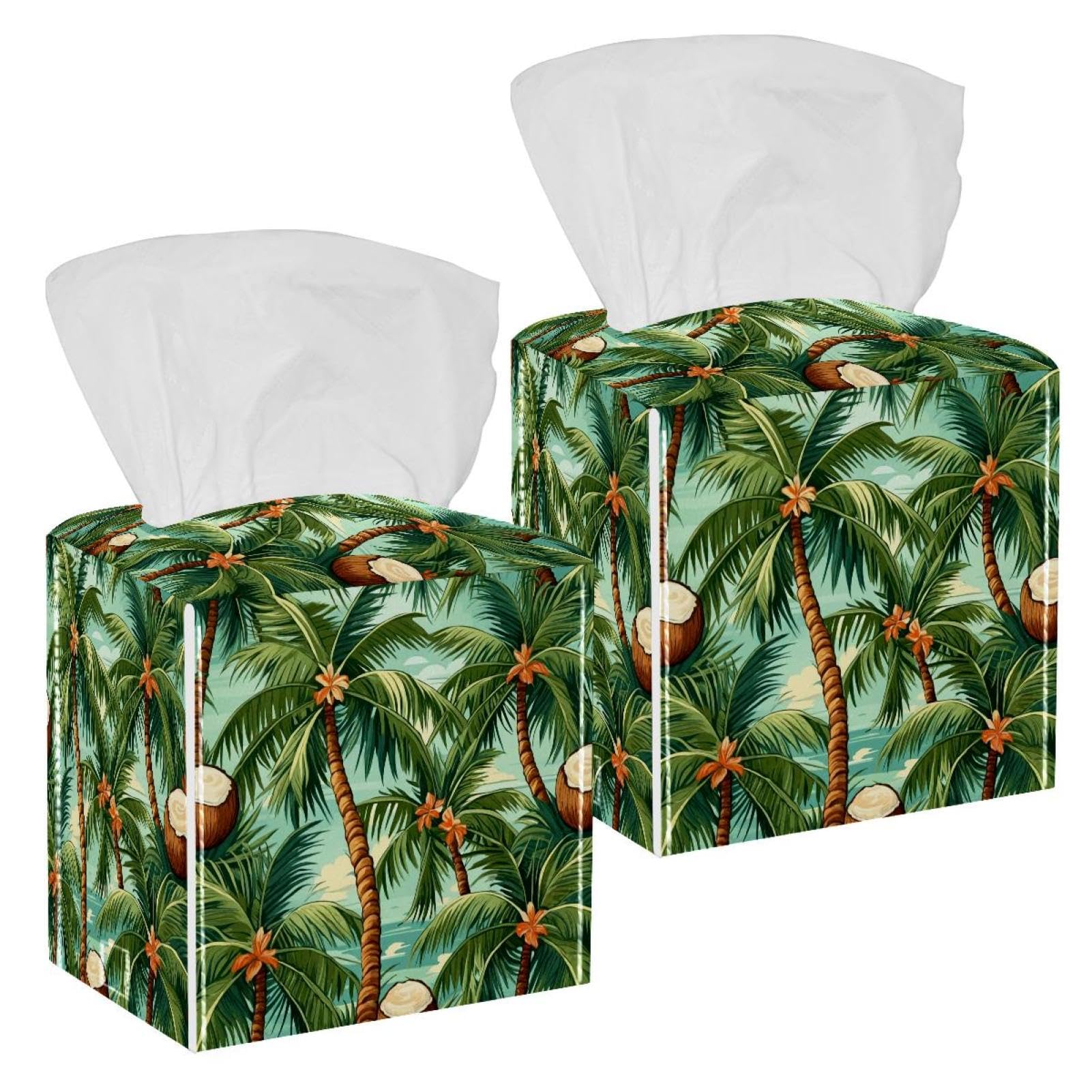 Coconut and Tree Tissue Box Cover, 2 Pack PU Leather Square Facial Tissue Dispenser Box holder for Home Office Car