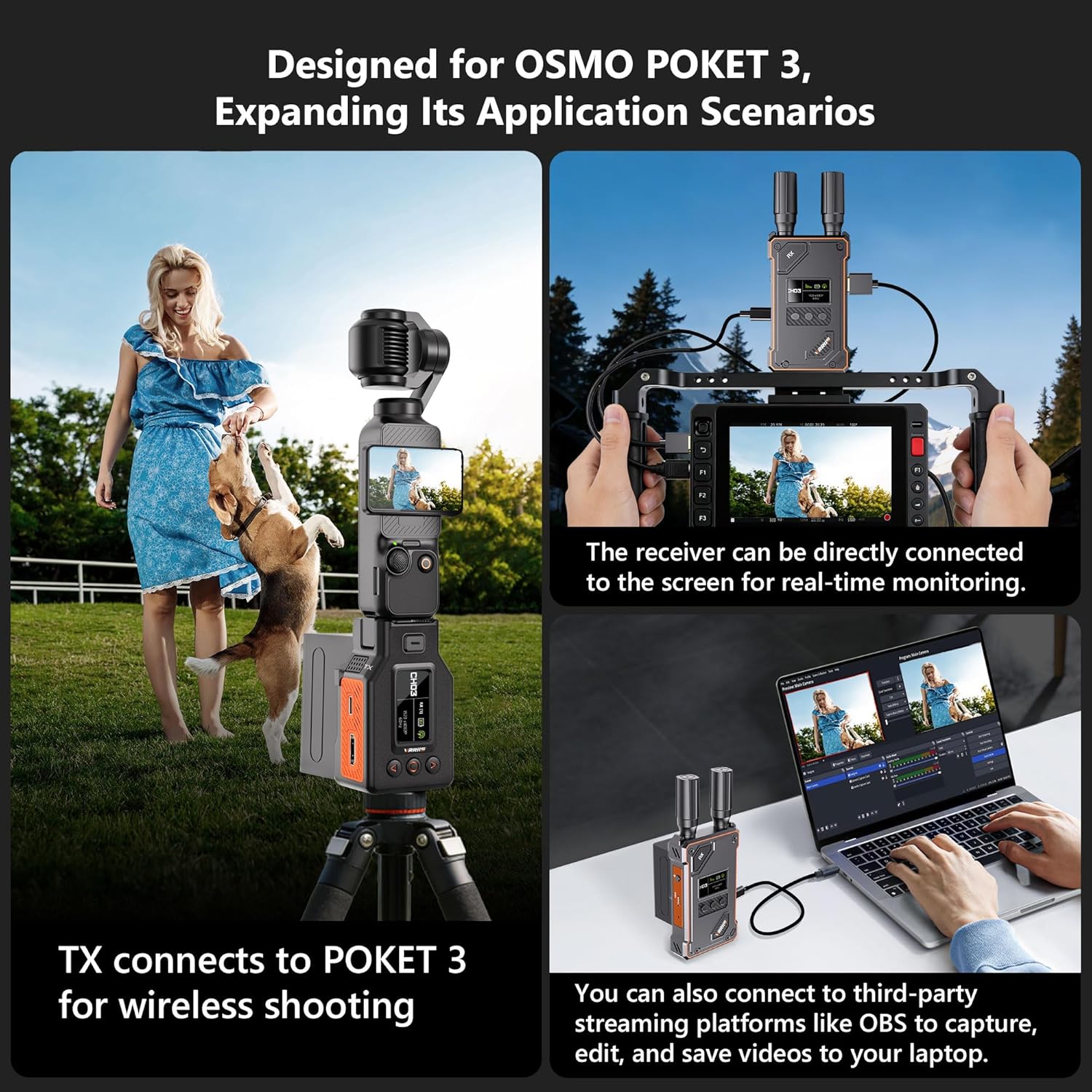 Wireless Video Transmitter and Receiver for OSMO Pocket 3,1080P HD Transmission System with UVC Out,20 Channels Adjustable,1640FT Range,for Live Stream from TV Box,PC,Pocket 3,to TV,Monitor