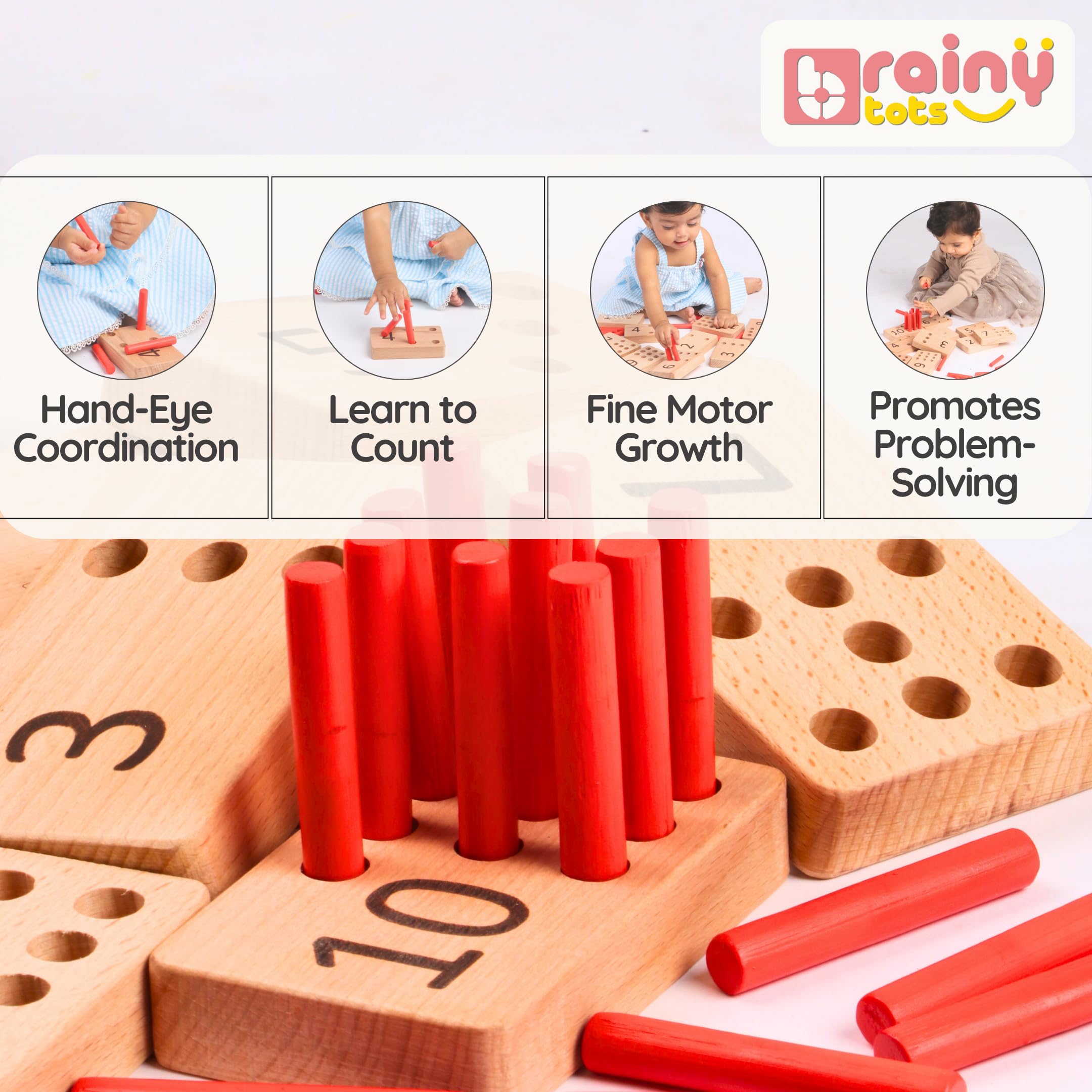 BrainyTots Montessori Counting Peg Board Toy for Kids 1–3 Years | Early Learning Math Activity Set with 10 Wooden Number Boards, 10 Pegs, Storage Pouch & Play Guide for Toddler Brain Development 4