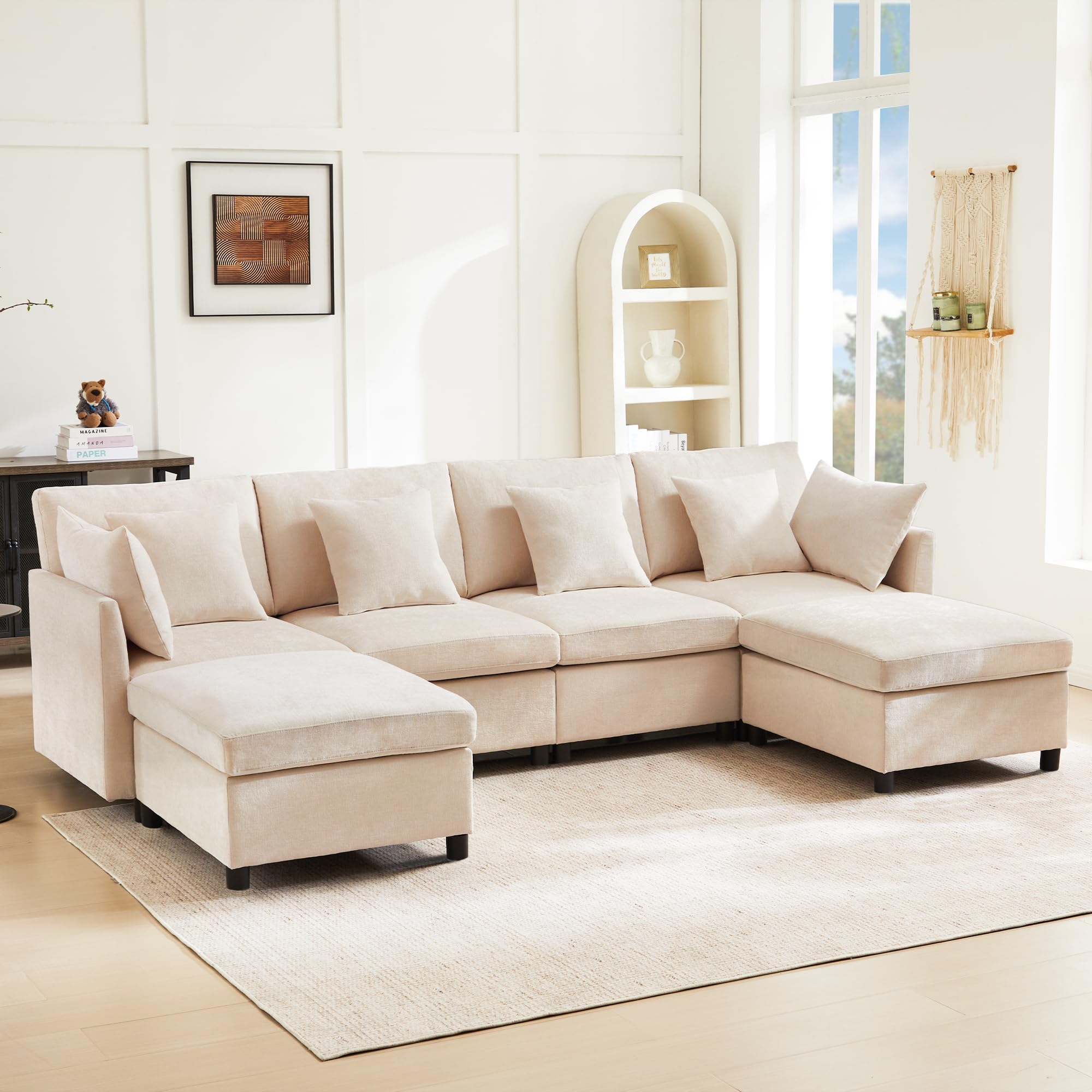 Sofa de Salon Modular con 2 Taburetes y 6 Cojines, Sofas de Salon Sofa para 4-6 Personas, Sofá Cama con Respaldo Cómodo, Convertible en Forma de U o de L, Chenilla, 278x161x81 cm, Beige