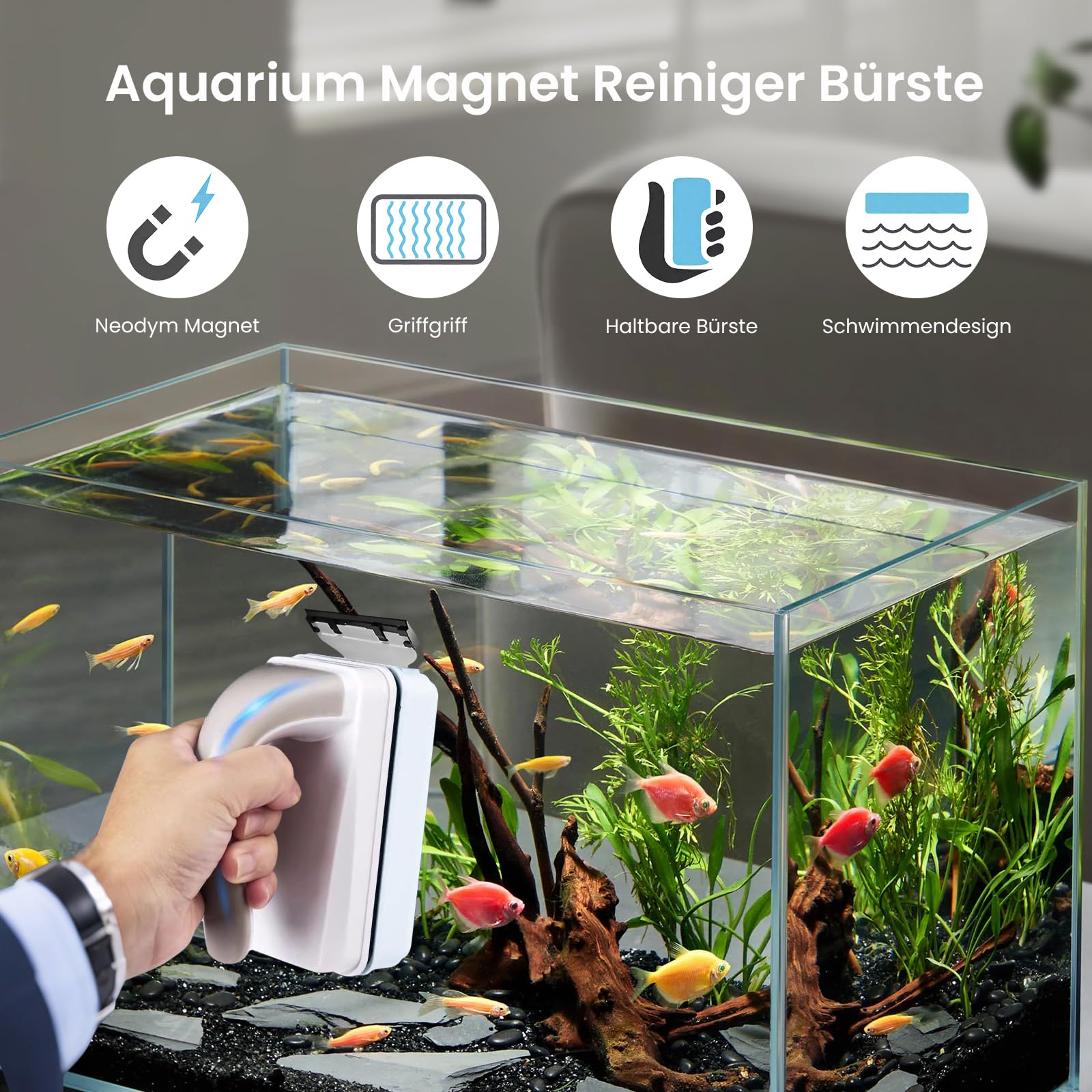 2-in-1 Aquarium Magnet Scheibenreiniger mit Abnehmbarem Schaber – Schwimmender Algenvernichter für Süß- & Meerwasser (bis 5mm Glasdicke) | Magnetischer Fensterputzer für Aquarium & Doppelverglasung