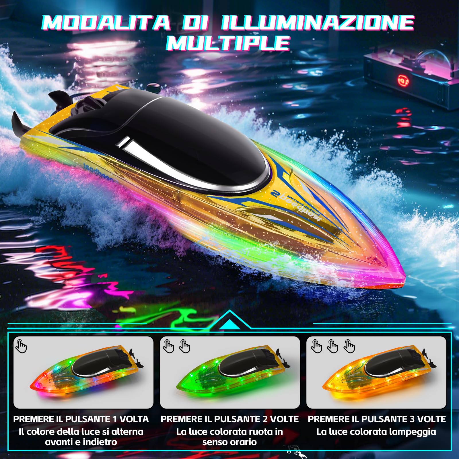 YOOHBERRYS Barca RC con Luce LED, Impermeabile Barca Radiocomandata per Bambini e Adulti, Motoscafo Telecomandato Veloce per Piscine e Laghi