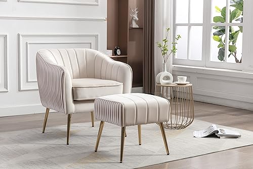 KCC Silla moderna de terciopelo con brazo de barril tapizada con patas de metal dorado, silla de club con reposapiés otomano para sala de estar,