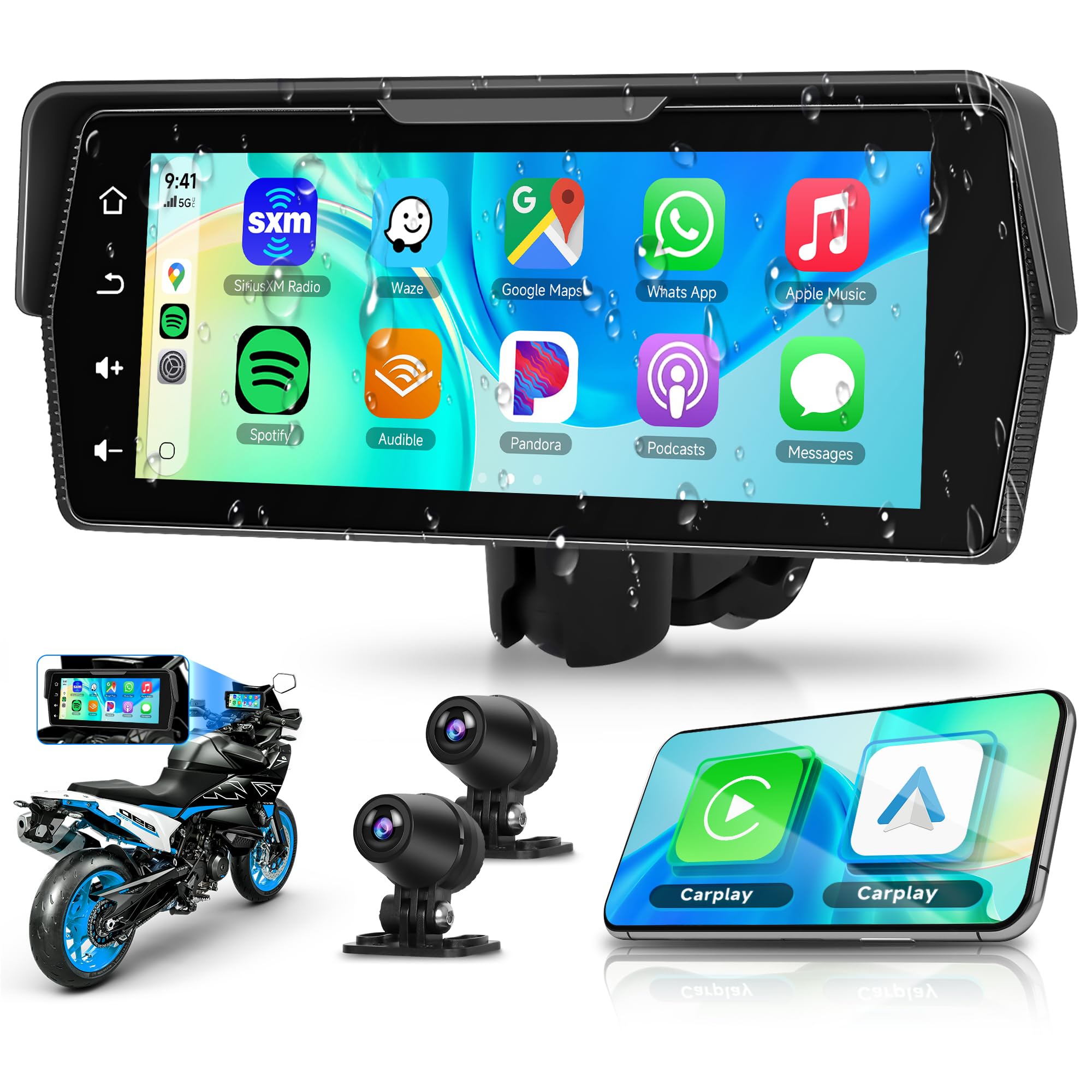Rimoody sans Fil Carplay Écran Moto avec Dashcam 2 Caméras Avant et Arrière, 6.86 Pouces Écran Portable Carplay pour Motocycle Android Auto/Étanche IP68/Loop Video/Bluetooth/Mirror Link/Navi/Siri/EQ