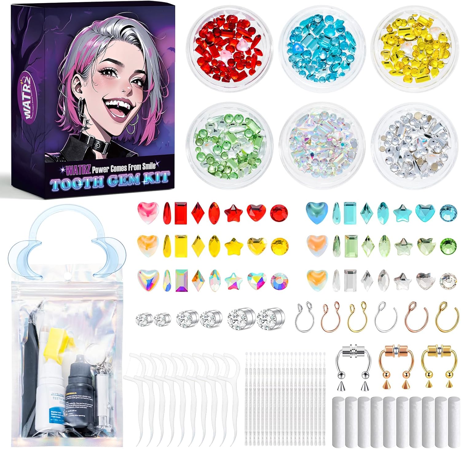 WATRZ Tooth Gem Kit with Fake Nose Rings-Teeth Gems Jewelry Set, Multiple Shapes Crystal Tooth Gems & Non-Piercing Nose Hoops, Complete DIY Tools