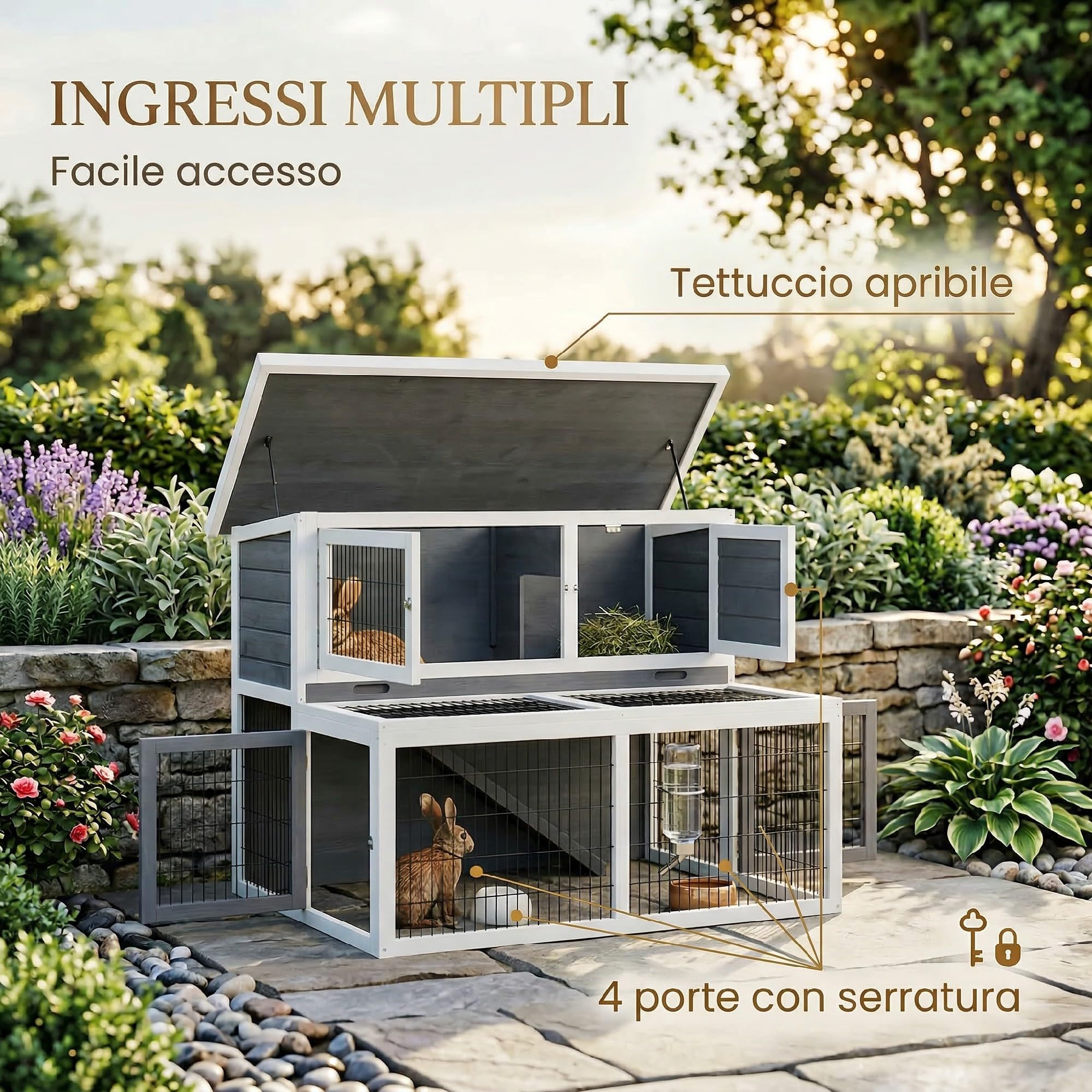 PawHut Conigliera da Esterno e Interno a 2 Livelli, Gabbia per Conigli con Vassoio Rimovibile, Cassetta per 2-3 Conigli con Area Aperta e Tetto Sollevabile in Legno di Abete 122x95x93,5 cm Grigio