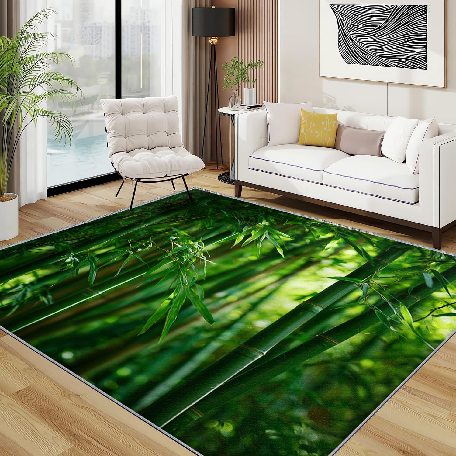 Antypoślizgowy zmywalny dywan do pokoju dziecięcego 160 x 230 cm natura bambus miękki krajobraz flanelowy dywan z krótkim włosiem do salonu, pokoju zabaw, zielony wystrój domu