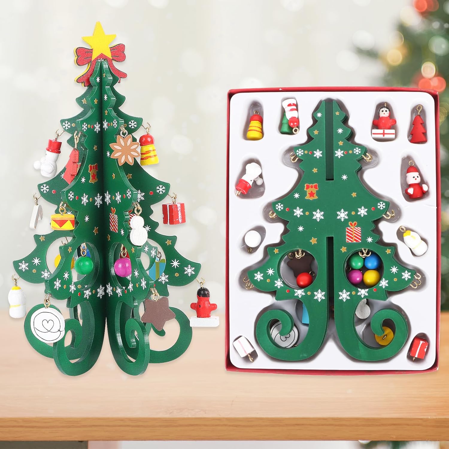 Small Tabletop Xmas Tree Wooden Christmas Tree With Ornaments 25Pcs, Diy Mini Christmas Tree