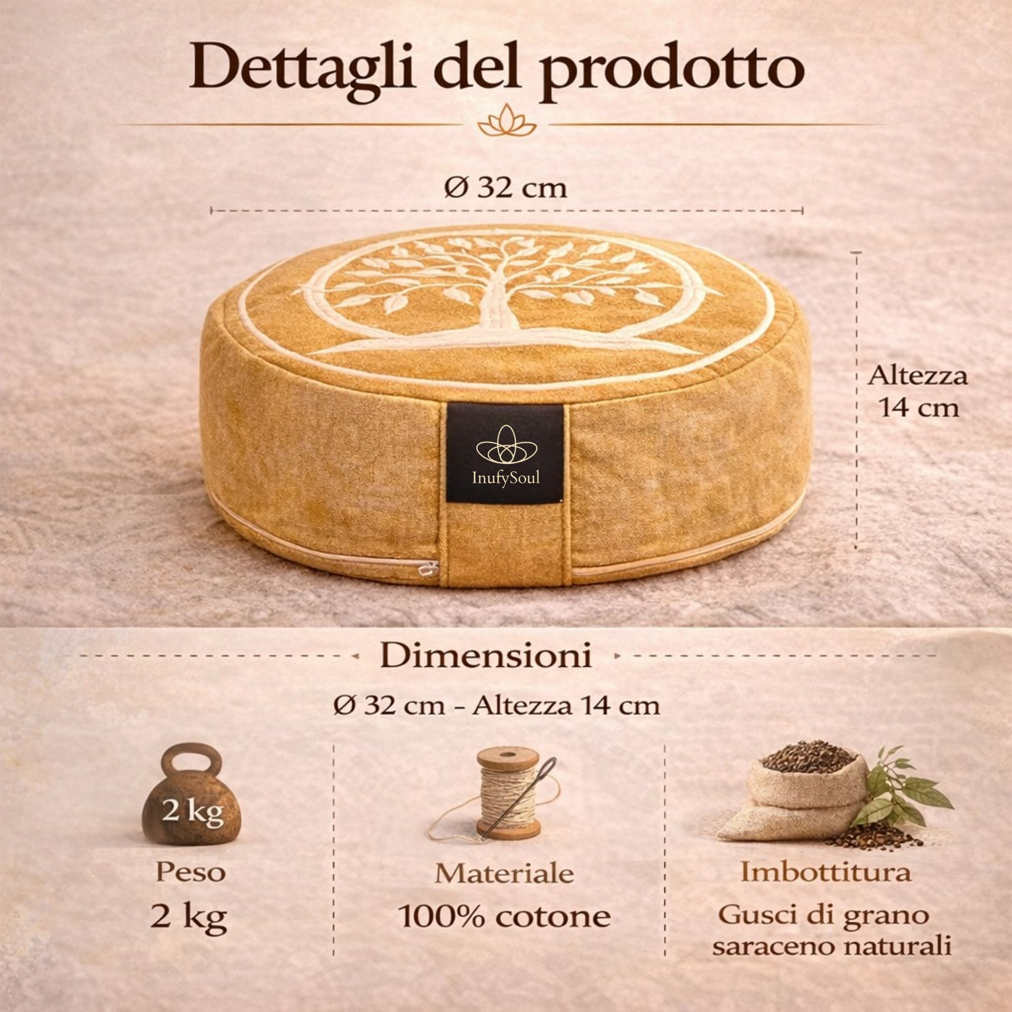 Cuscino da Meditazione/Gusci di Grano Saraceno/Rivestimento in Cotone Lavabile Rimovibile/Cuscino Yoga/Meditazione e Mindfulness
