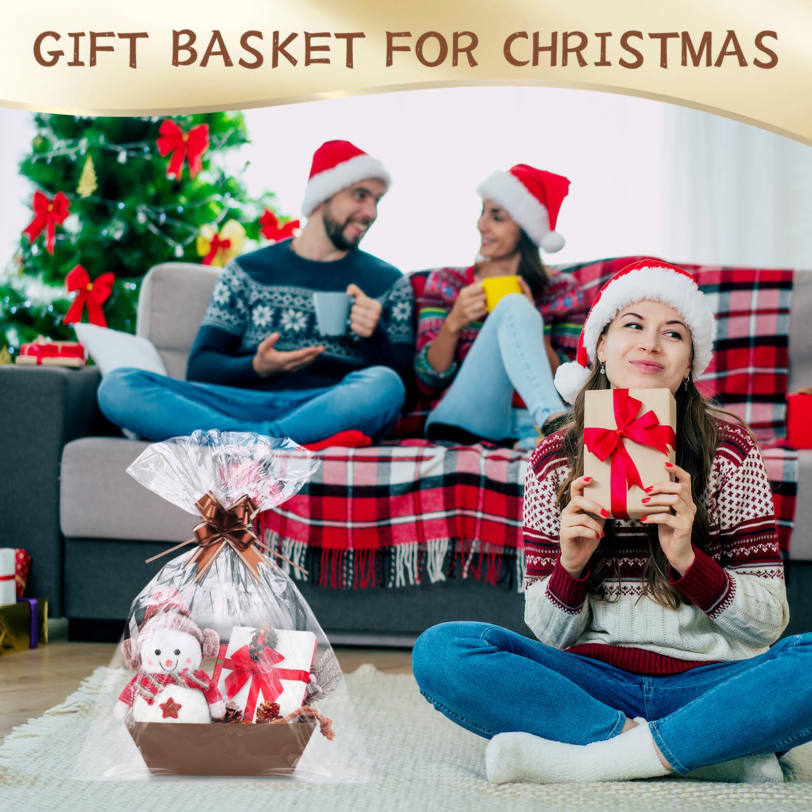 Confezione da 10 cestini vuoti marroni per regali, 25,4 x 20,3 cm, con 10 sacchetti regalo trasparenti e 10 fiocchi, cesti regalo vuoti per Natale