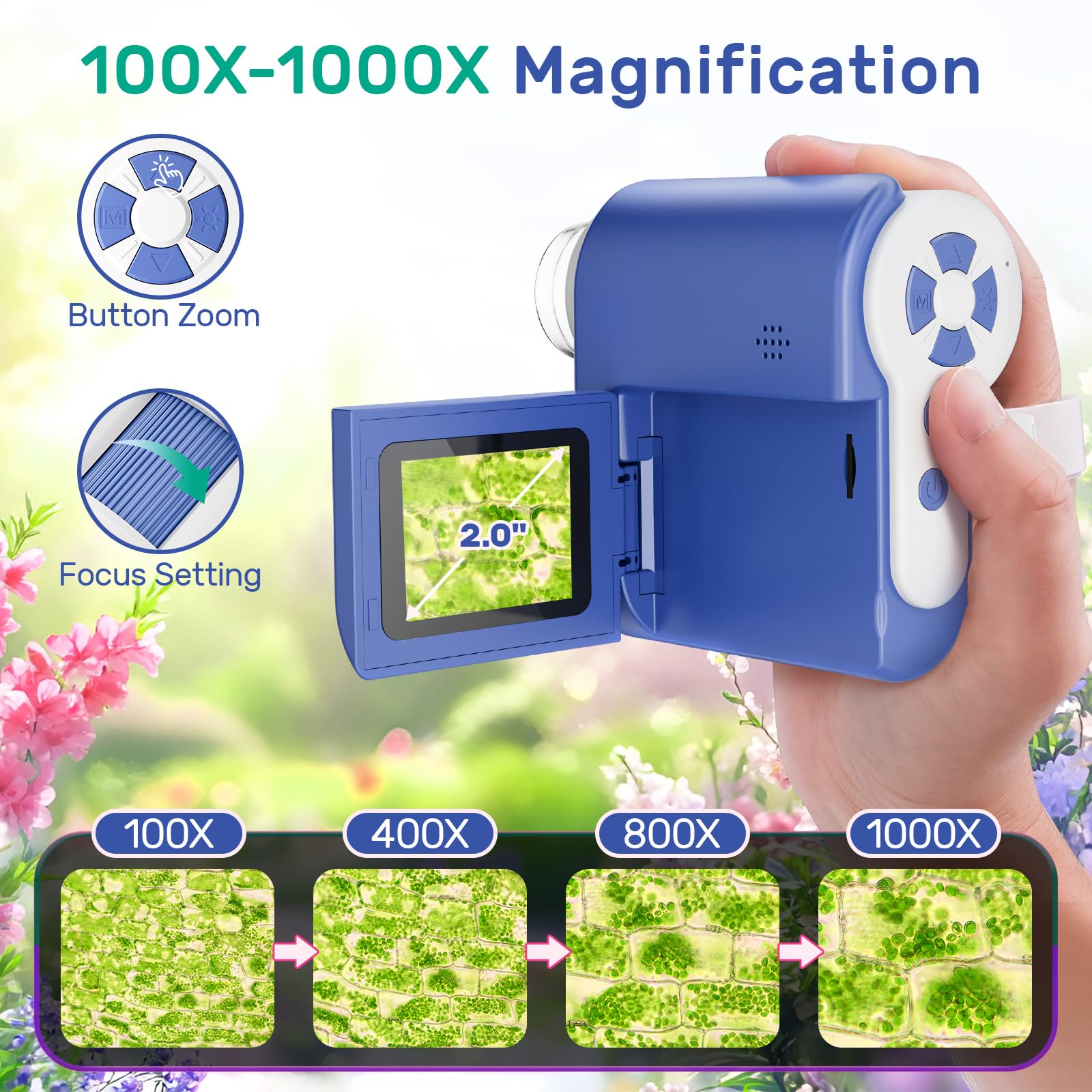 USCAMEL Digital Microscopio para Niños Portatil: 1000X Magnificación Pantalla 2.0" Microscopio Portatil Recargable - 6 Láminas Educativas Niños 5-12 Años - Jardín Casa Escuela - Regalo Chicos (Azul)