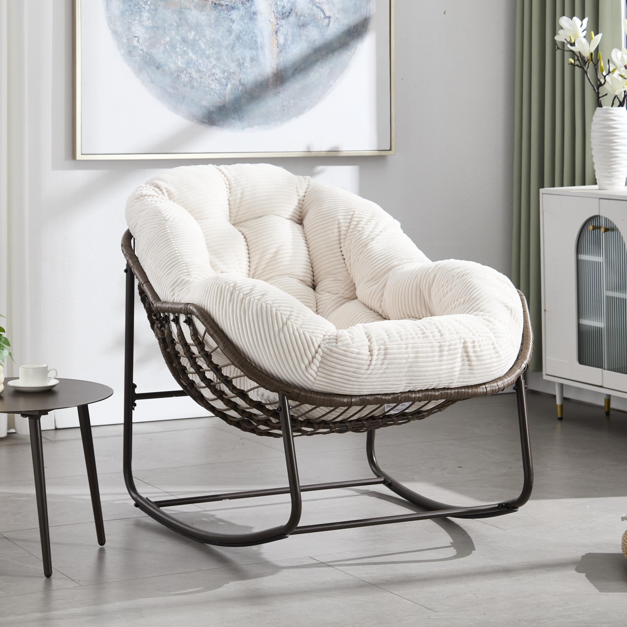 Generisch Rattan fotel bujany, biały, ręcznie tkany, tapicerowany z oparciem, nośność 113 kg, ergonomiczny fotel bujany do ogrodu, na taras, do salonu, przedniego wejścia