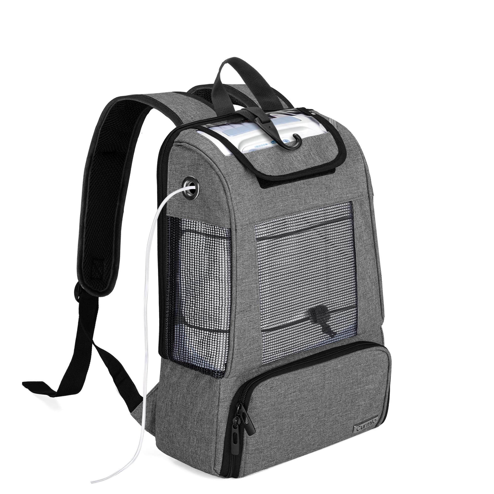 CURMIO Sac de transport pour concentrateurs d'oxygène portables, sac à dos POC universel avec panneaux en filet pour la respirabilité, compatible pour les unités Inogen, Oxygo, Caire,gris