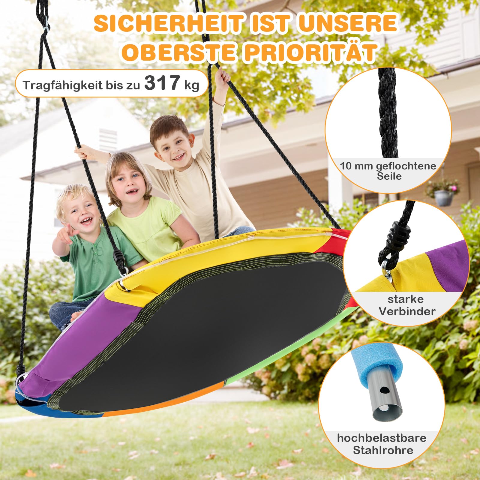 COSTWAY Huśtawka gniazdowa owalna ze światełkami, huśtawka outdoorowa wytrzymująca do 300 kg, huśtawka dziecięca z regulowaną liną o długości 120-180 cm, huśtawka drzewna, huśtawka wisząca dla dzieci