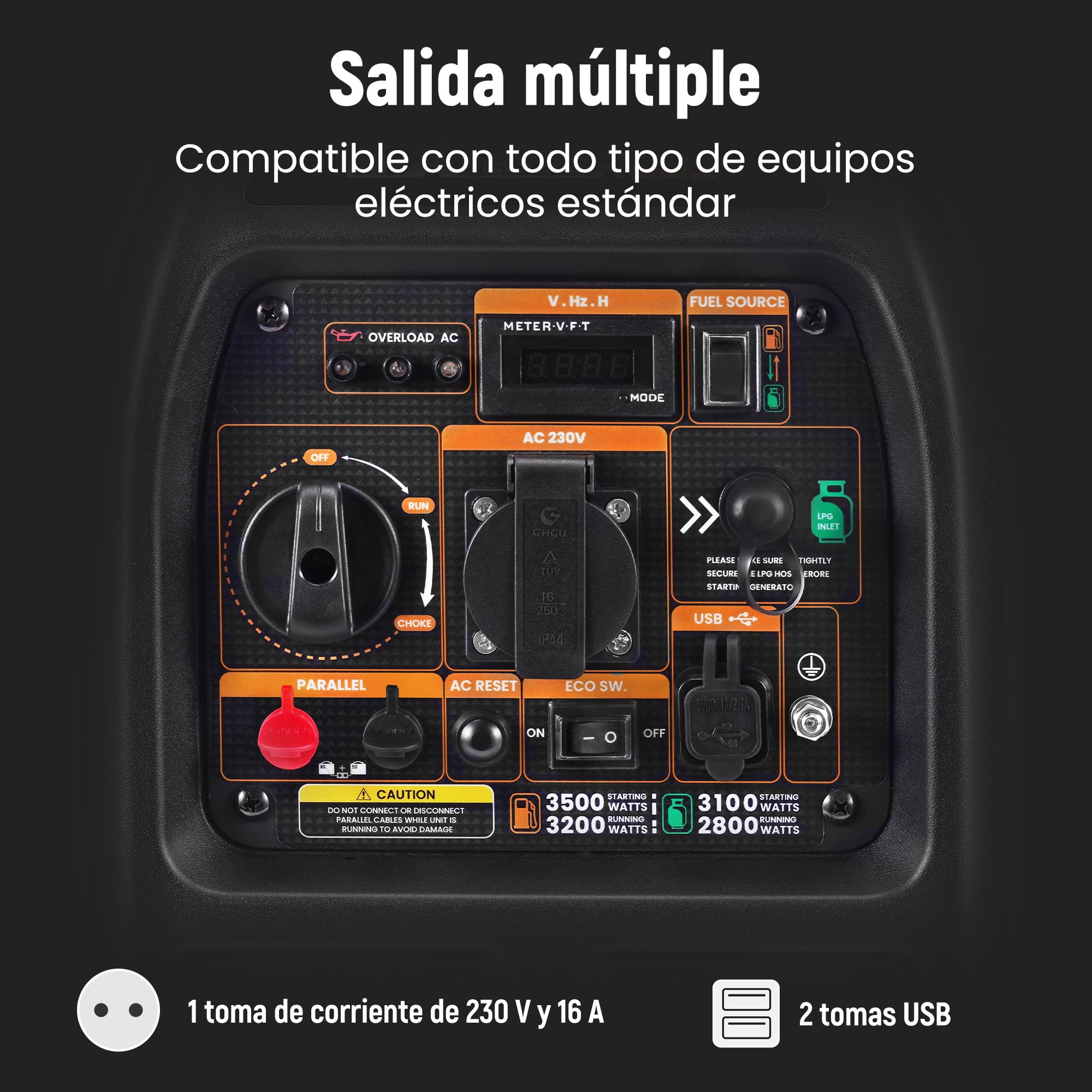 maXpeedingrods Groupe Electrogene Silencieux GPL et Essence 3500W Inverter Générateur Portable avec Prises USB et 230V avec Affichage Numérique pour Camping Car Caravanes Jardin | Generador inversor con tomas USB y de 230 V y pantalla digital para autocar