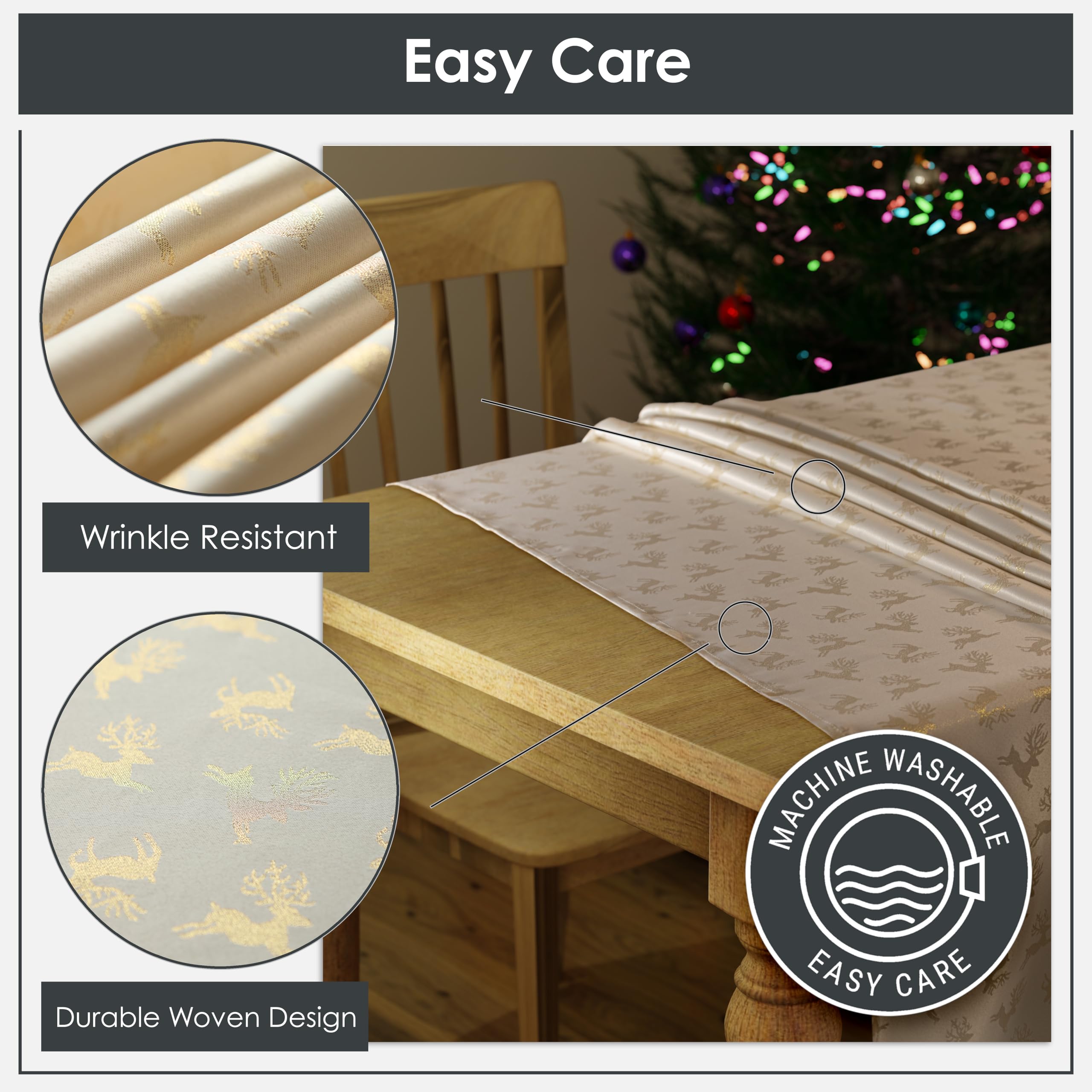 Emma Barclay Kerst tafelkleed, rechthoekig, machine wasbaar kerst eetkamer tafelkleed in crème met goud rendier ontwerp - 70 x 108 inch (70 x 108 inch (178 x 274 cm