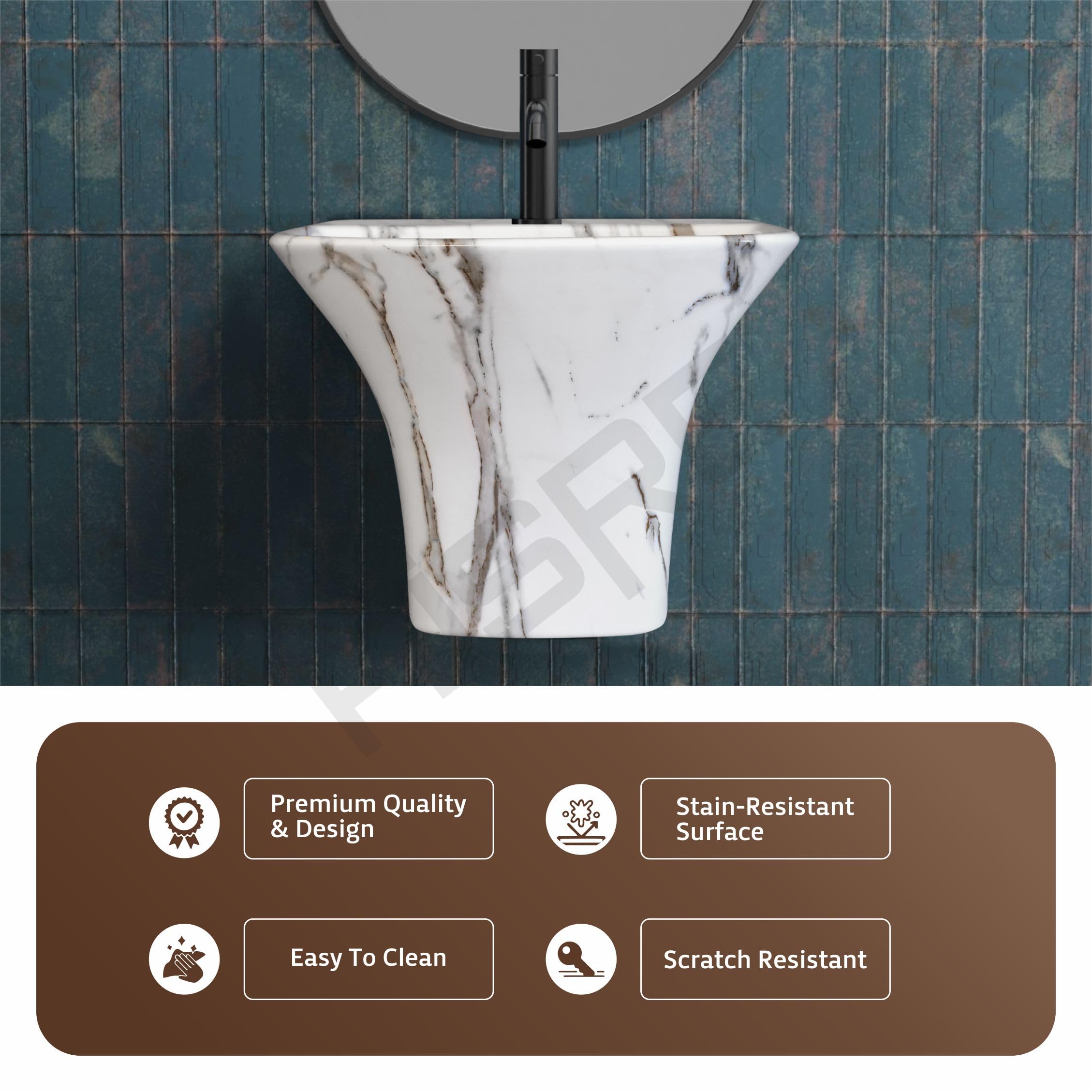 Hisre Modern Wall-Mounted Matte Ceramic Wash Basin with Curved Rectangular Design | Space-Saving Floating Bathroom Sink for Contemporary Interiors (HF1034), photo 4 of 5