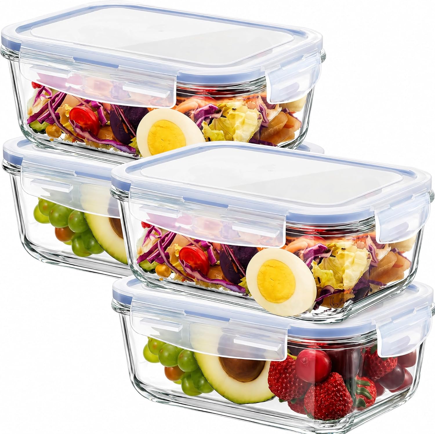Blushtier 4 Set 8 Cup Large Glass Storage Containers with Lids Airtight 63 oz Meal Prep Containers Borosilicate Food Boxes for Baking Kitchen Fruits Vegetables Storage Microwave Oven Safe