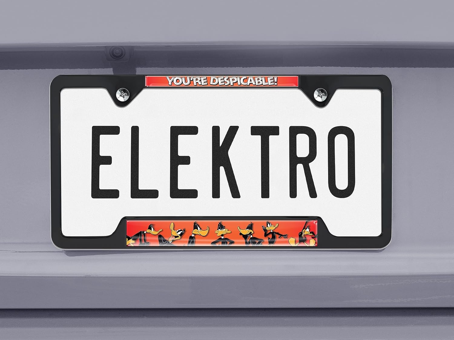 Elektroplate Officially Licensed – Looney Tunes Daffy Duck Black You're Dispicable Metal Open Corner License Plate Frame Tag Holder for Cars/SUVs/Trucks Weather-Proof Automotive Accessory