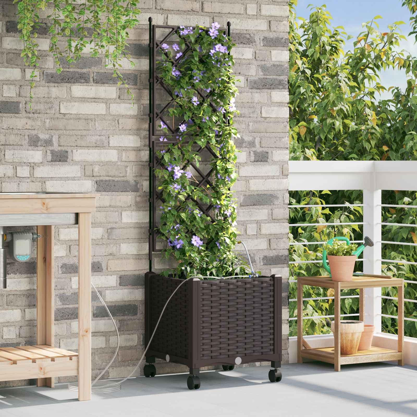 Fioriera mobile con traliccio e set di irrigazione, marrone, PP | Fioriera flessibile per terrazza e balcone con sistema di irrigazione automatico e traliccio per piante rampicanti.