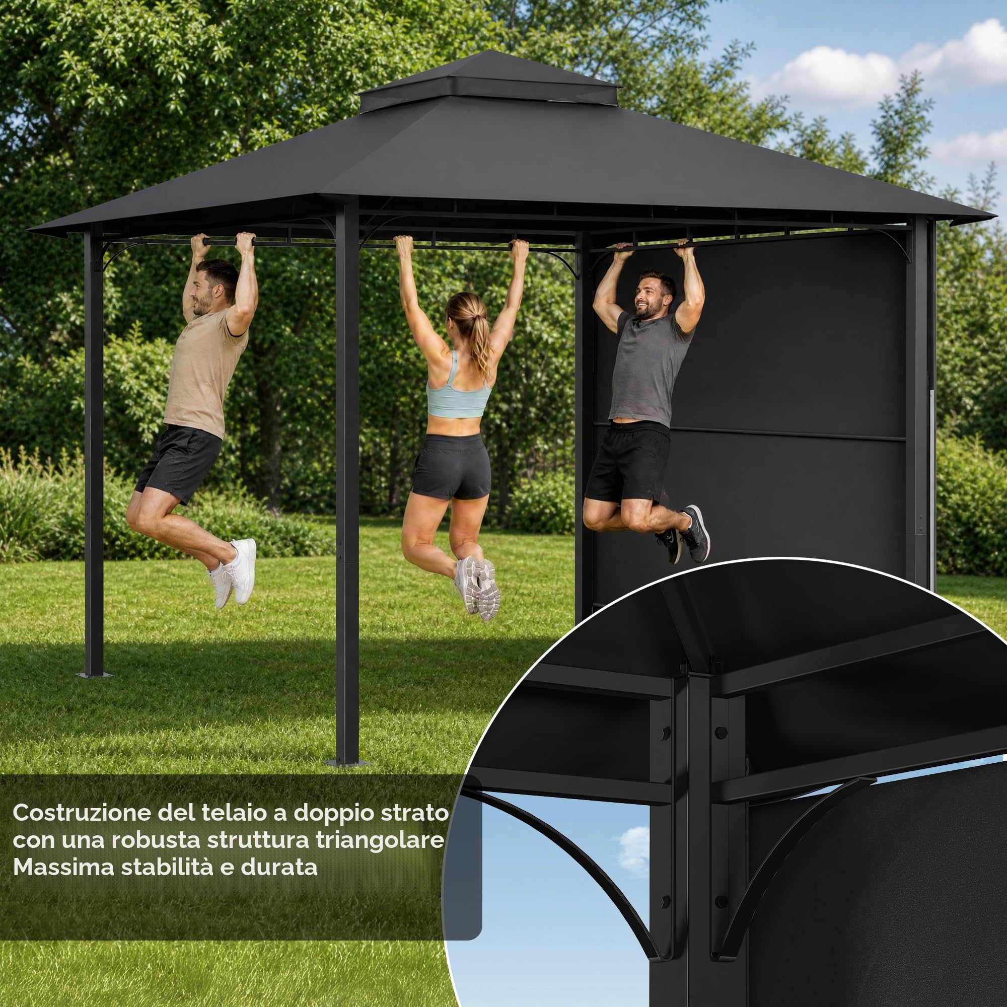 JUMMICO Gazebo da Giardino Esterno 3x3, con Estensione Convertibile in Parete, Tetto a Doppio Strato, Struttura Metallica Resistente alle Intemperie, Ideale per Feste, Eventi e Ricevimenti