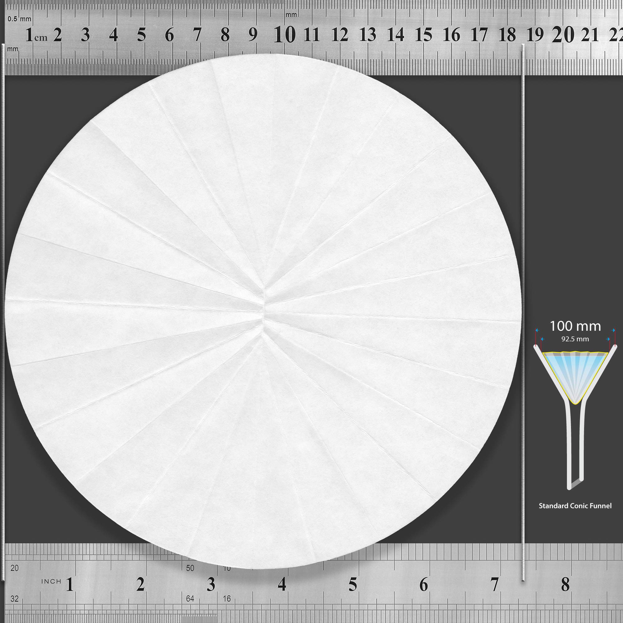 Papier filtre cannelé 18,5 cm, pré-plissé (plié), grade qualitatif 2 - Écoulement lent 185 mm (100 disques)