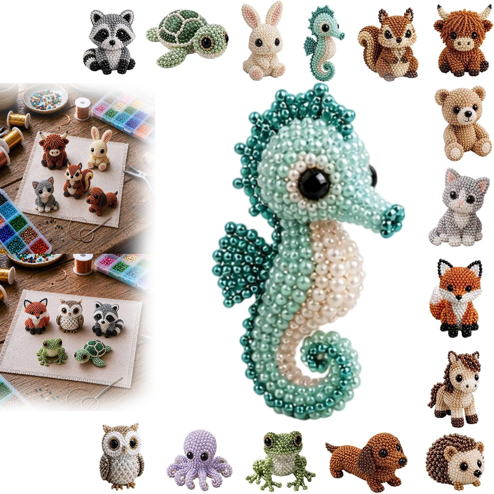 DIY 3D Beaded Animal Kit For Adults & Teens, Handmade Cute Bead Craft Animal Set with Colorful Beads and Instructions, Jewelry Art Craft Kit for Creative DIY Projects (Seahorse, Materials Kit)