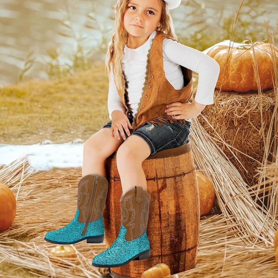 xinlanlin Girls Cowboy Boots Kids Embroidered Square Toe Mid