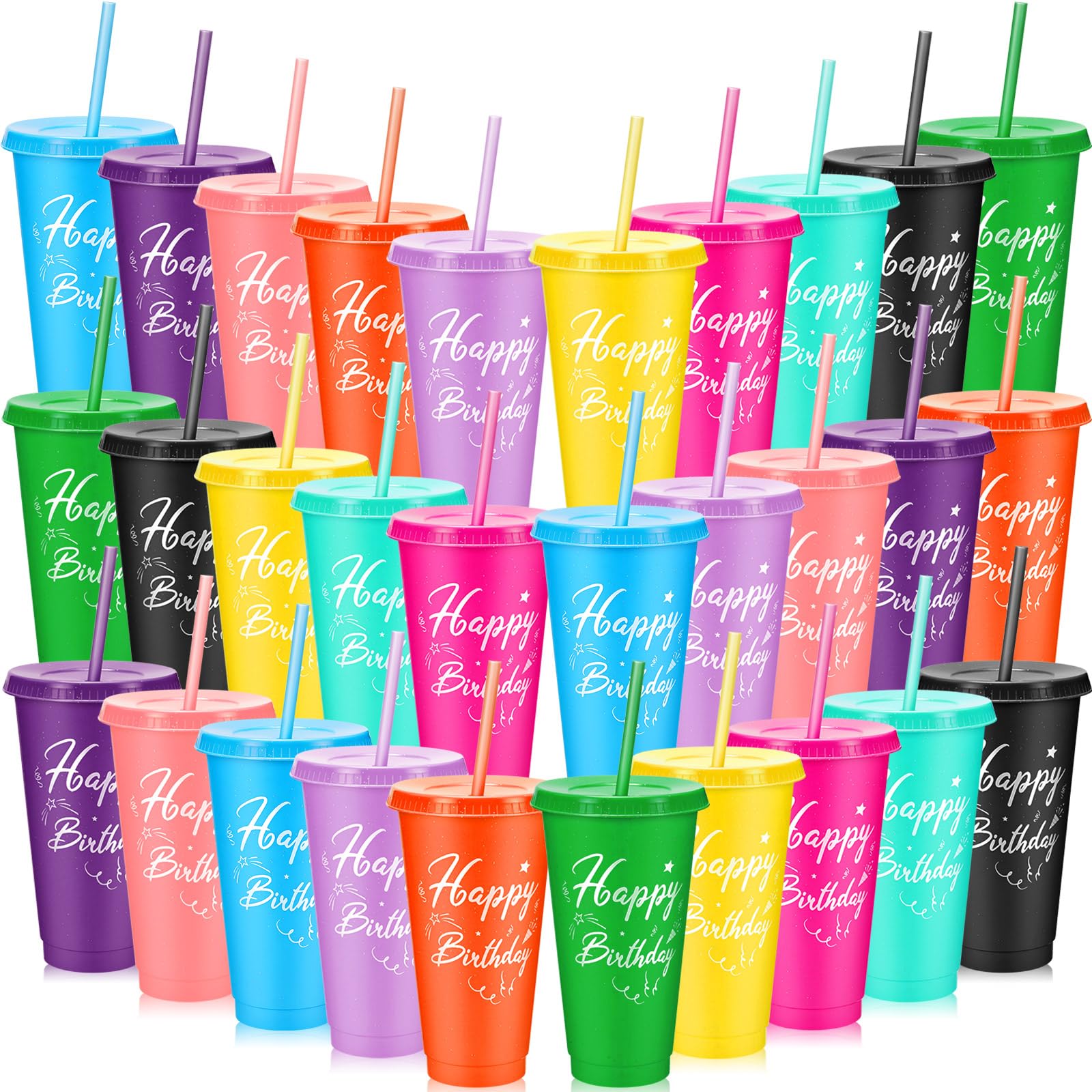 Uiifan 30 Pcs Birthday Gifts from Teacher Students 24 oz Birthday Cups with Straw and Lid Reusable Plastic Party Tumblers Coffee Cup for Classroom Party Supplies Kids Reward Prize(Multicolor)